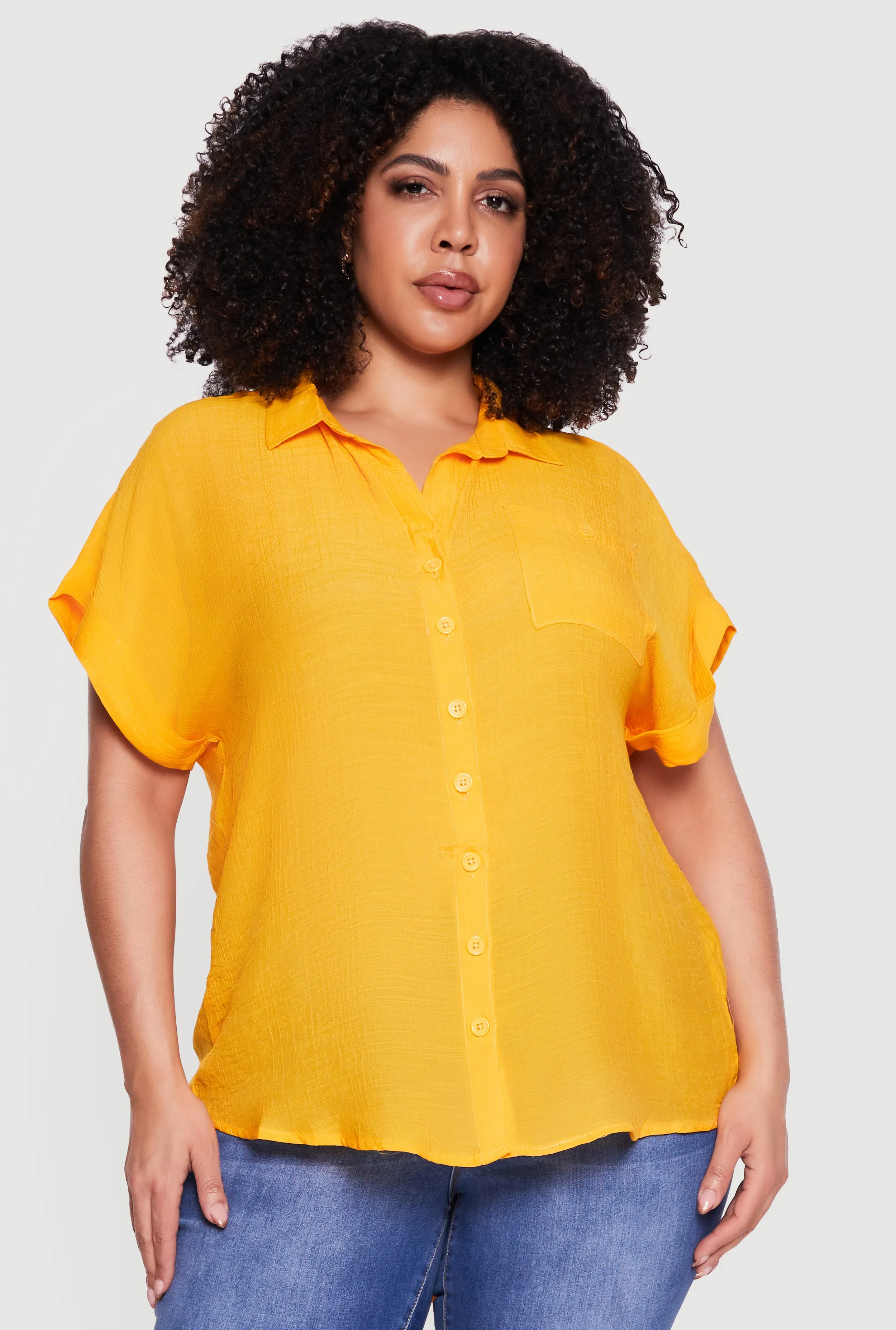 Plus Size Solid Gauze Knit Short Sleeve Button Front Shirt sold by Rainbow product image thumbnail 2
