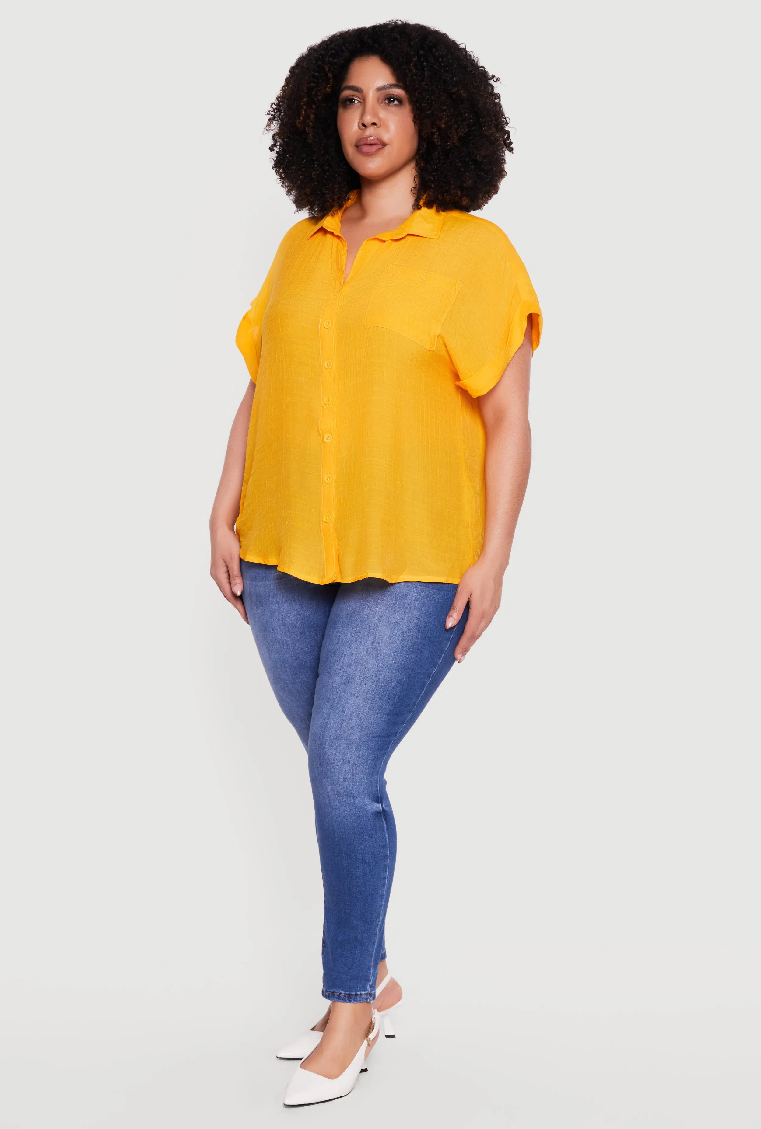 Plus Size Solid Gauze Knit Short Sleeve Button Front Shirt sold by Rainbow product image thumbnail 3