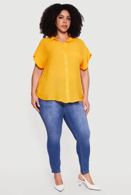 Plus Size Solid Gauze Knit Short Sleeve Button Front Shirt made by Rainbow