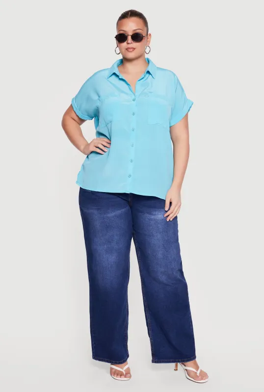 Plus Size Textured Knit Short Sleeve Button Front Shirt made by Rainbow