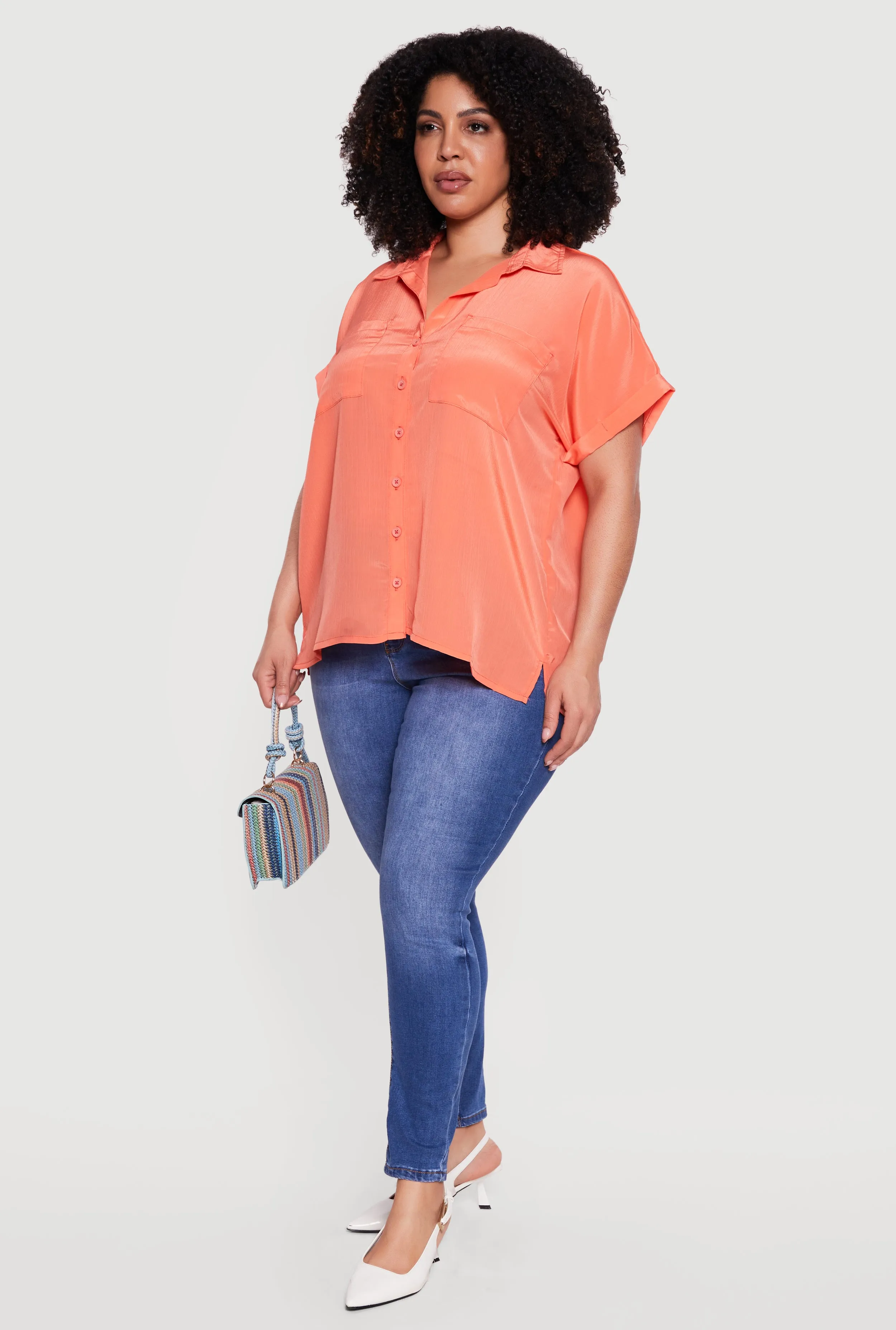 Plus Size Textured Knit Short Sleeve Button Front Shirt sold by Rainbow product image thumbnail 3