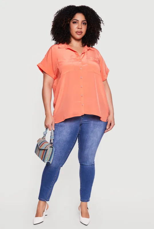Plus Size Textured Knit Short Sleeve Button Front Shirt made by Rainbow