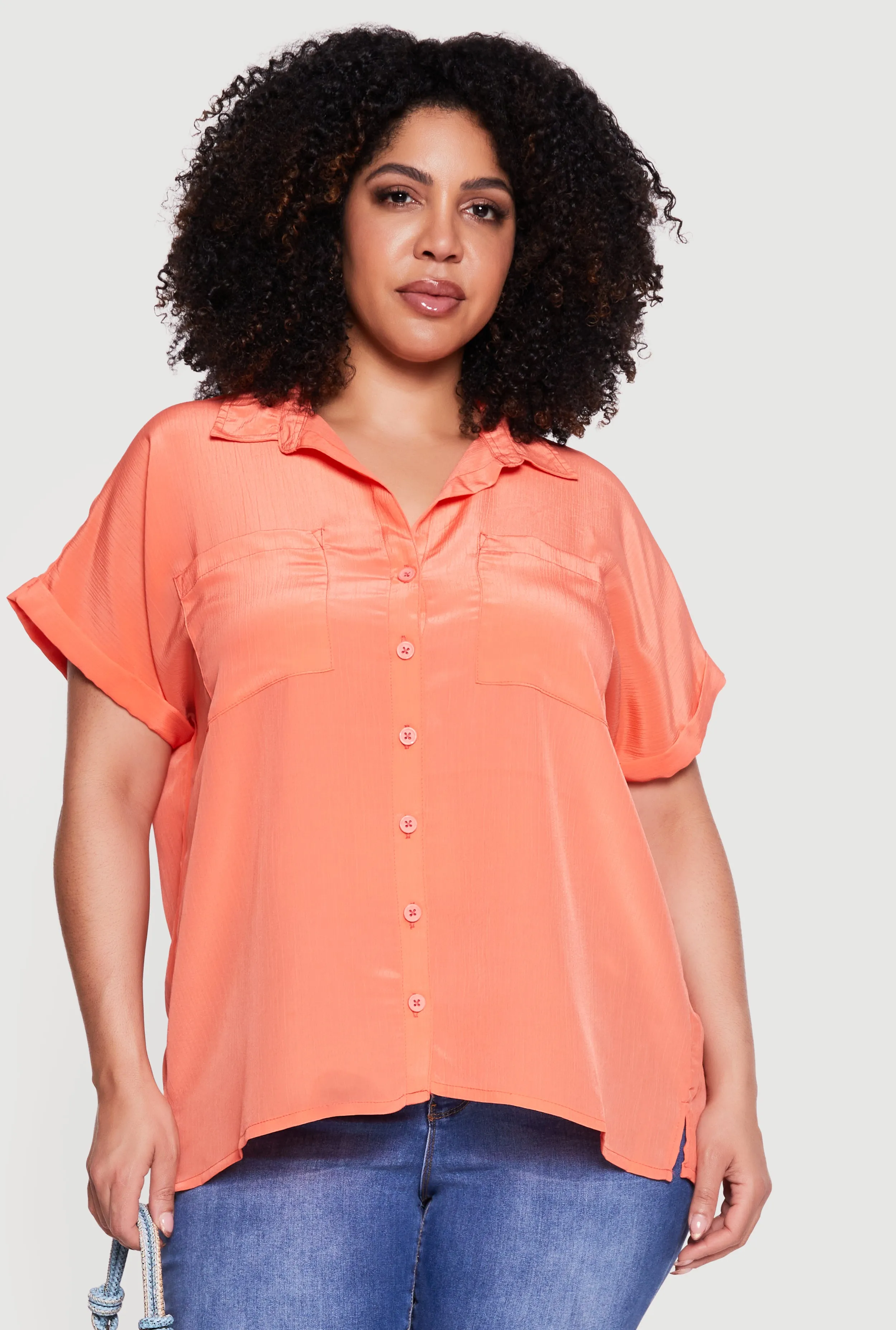 Plus Size Textured Knit Short Sleeve Button Front Shirt sold by Rainbow product image thumbnail 2