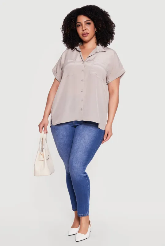 Plus Size Textured Knit Short Sleeve Button Front Shirt made by Rainbow