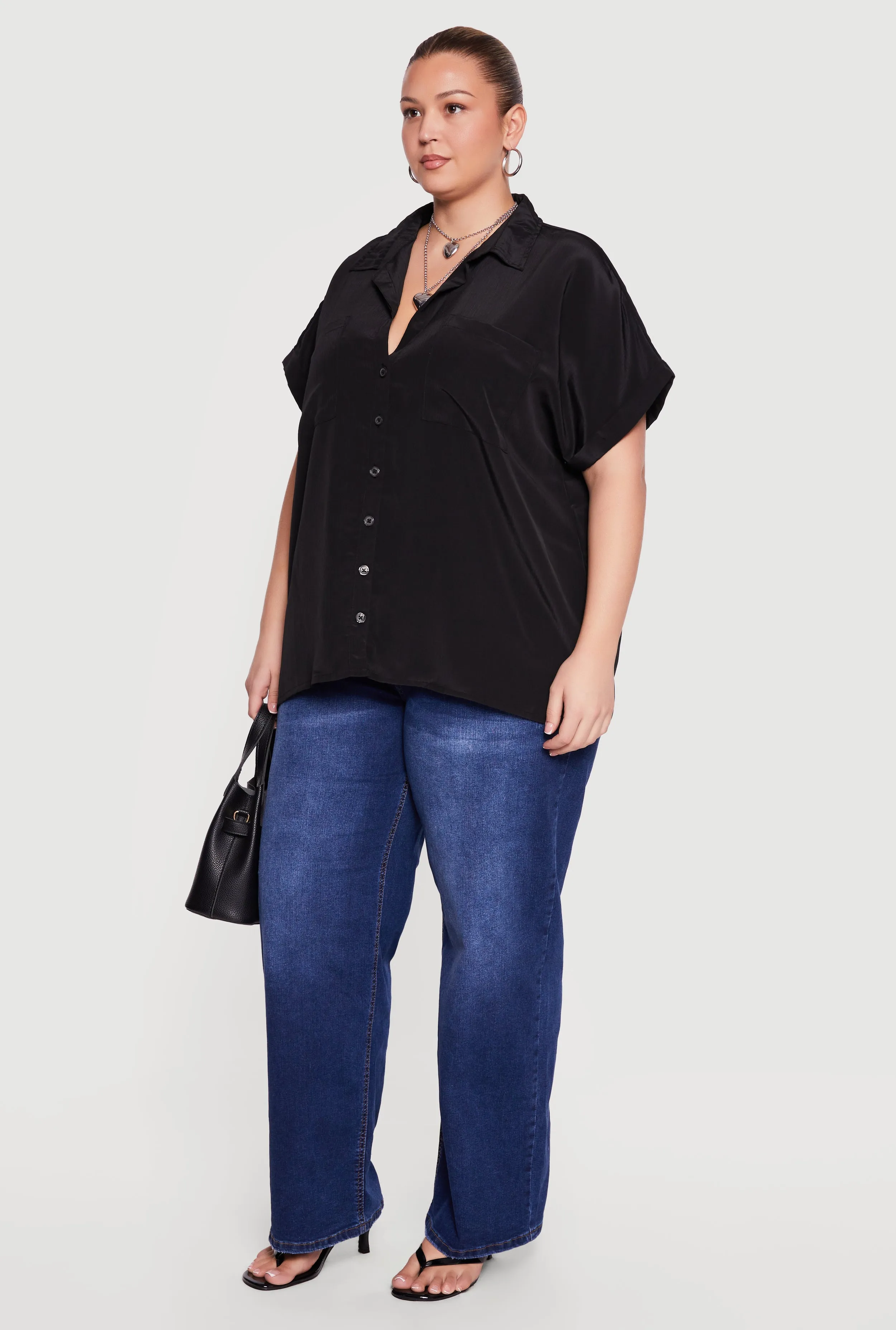 Plus Size Textured Knit Short Sleeve Button Front Shirt sold by Rainbow product image thumbnail 3