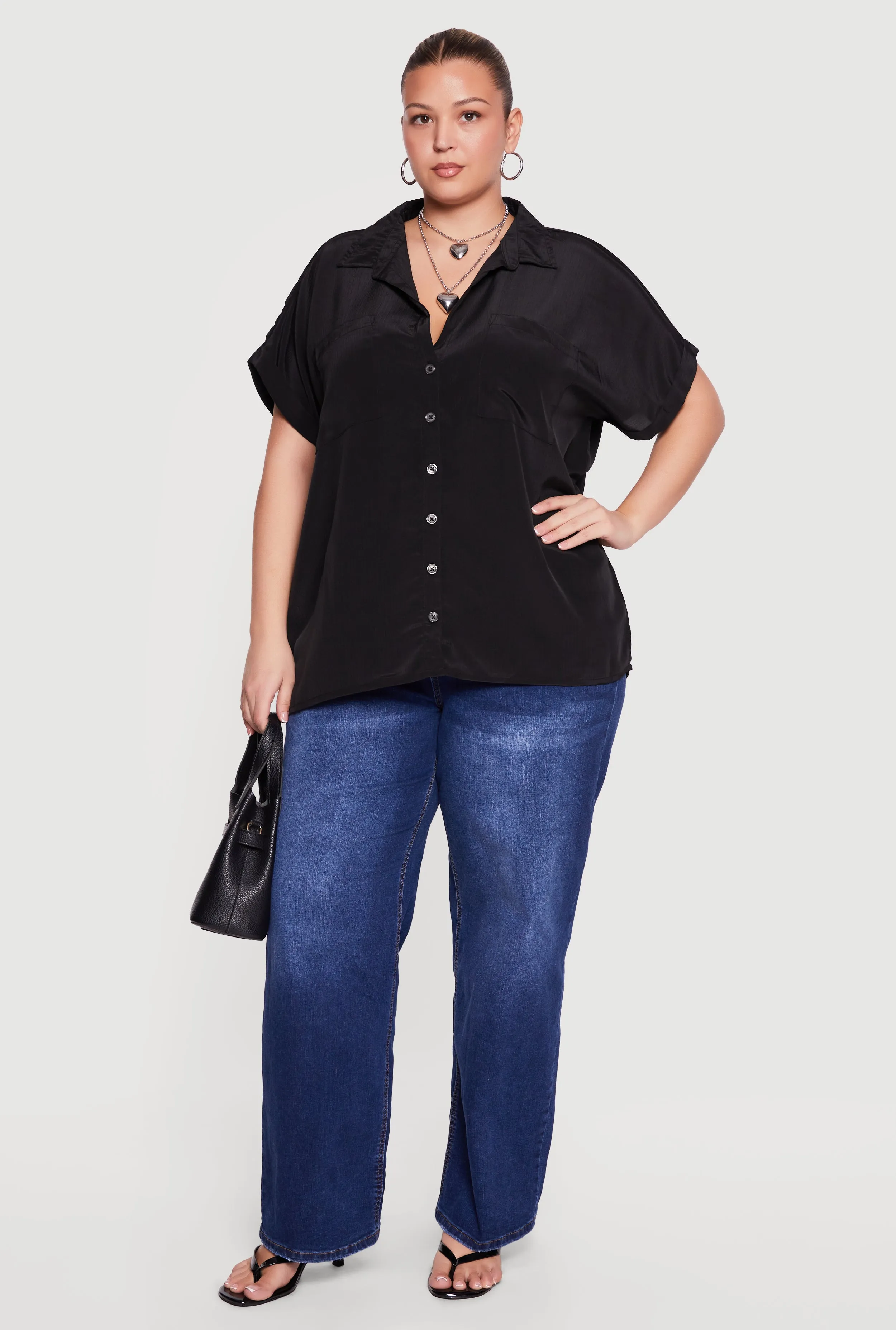 Plus Size Textured Knit Short Sleeve Button Front Shirt sold by Rainbow