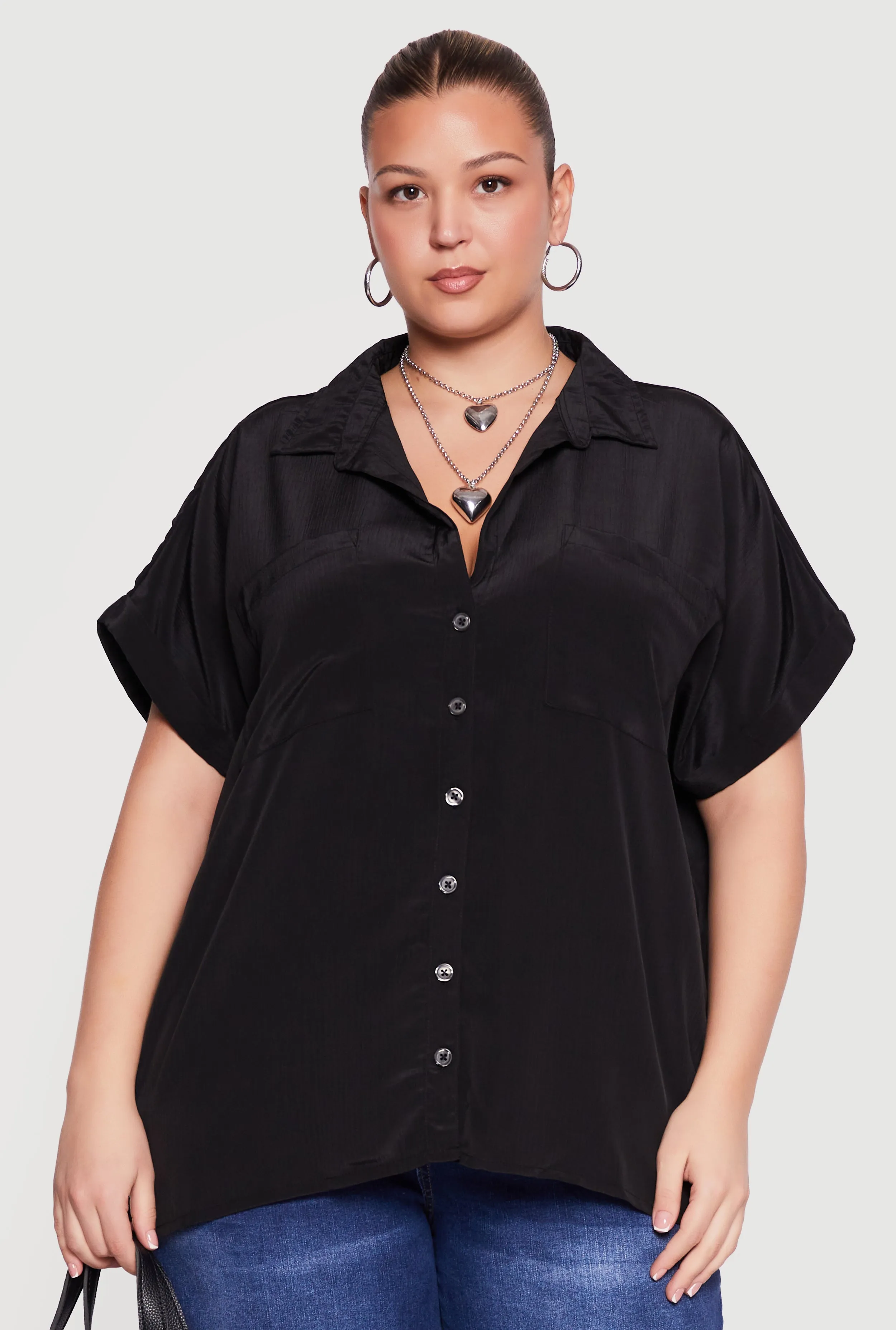 Plus Size Textured Knit Short Sleeve Button Front Shirt sold by Rainbow product image thumbnail 2