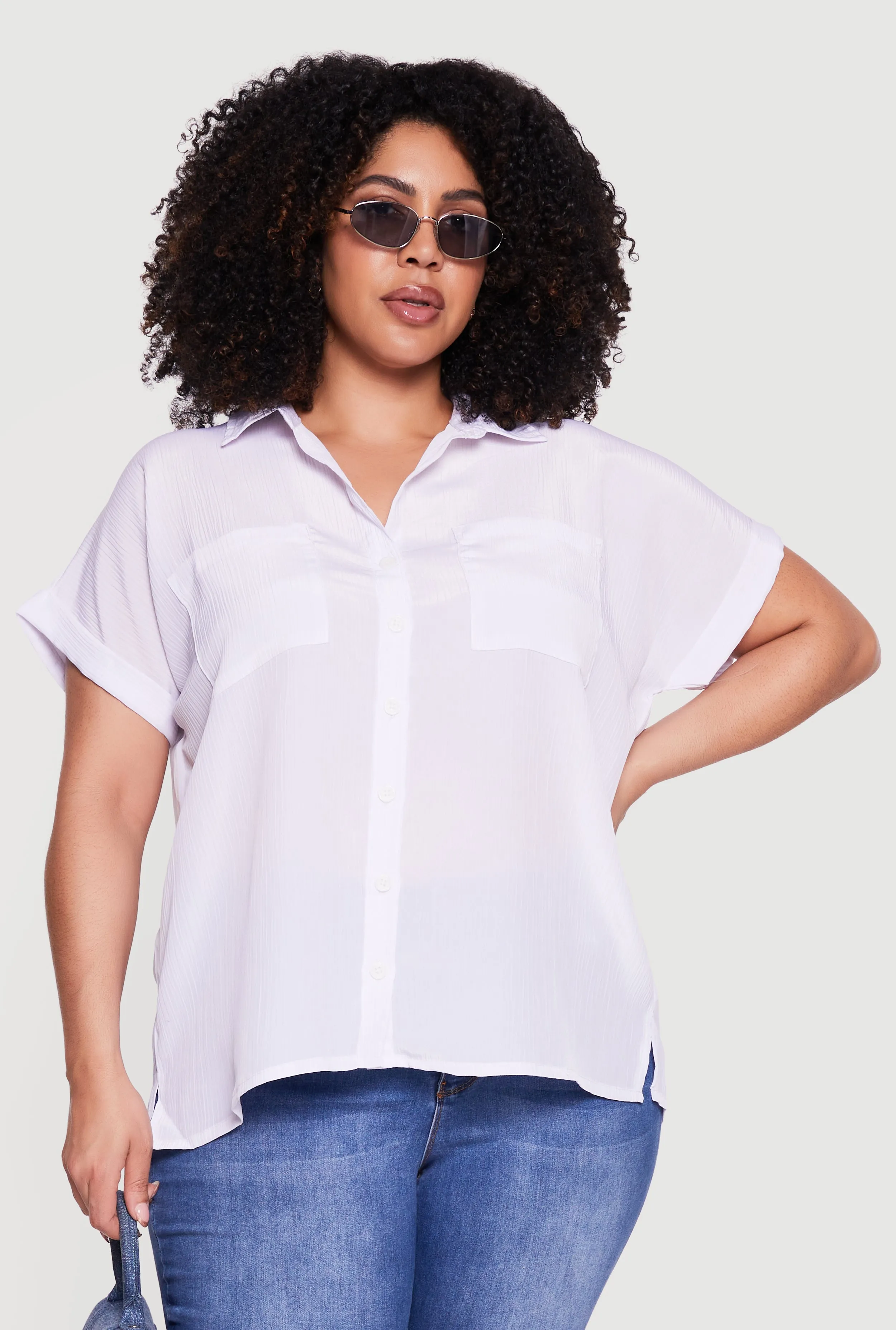 Plus Size Textured Knit Short Sleeve Button Front Shirt sold by Rainbow product image thumbnail 2
