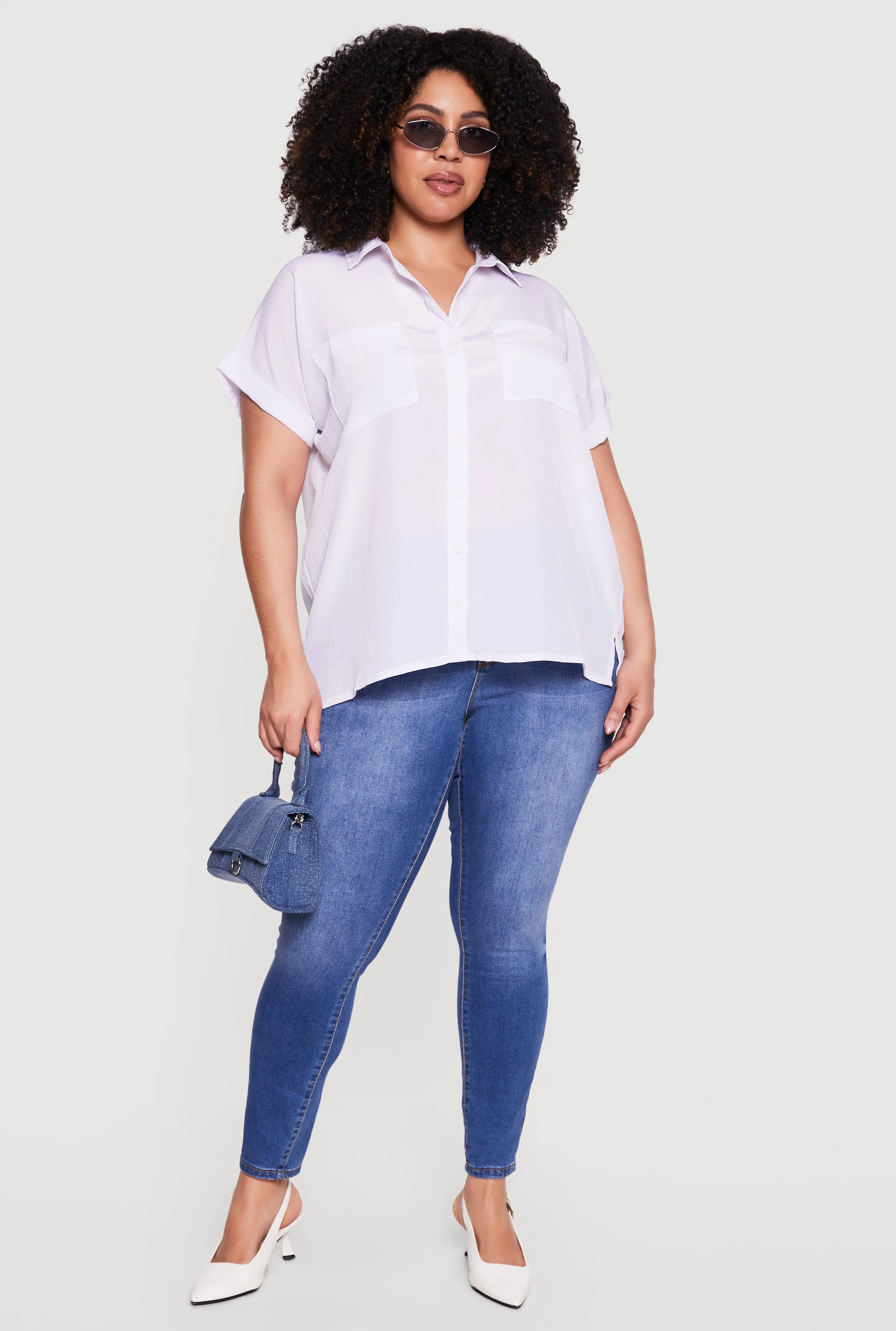 Plus Size Textured Knit Short Sleeve Button Front Shirt sold by Rainbow