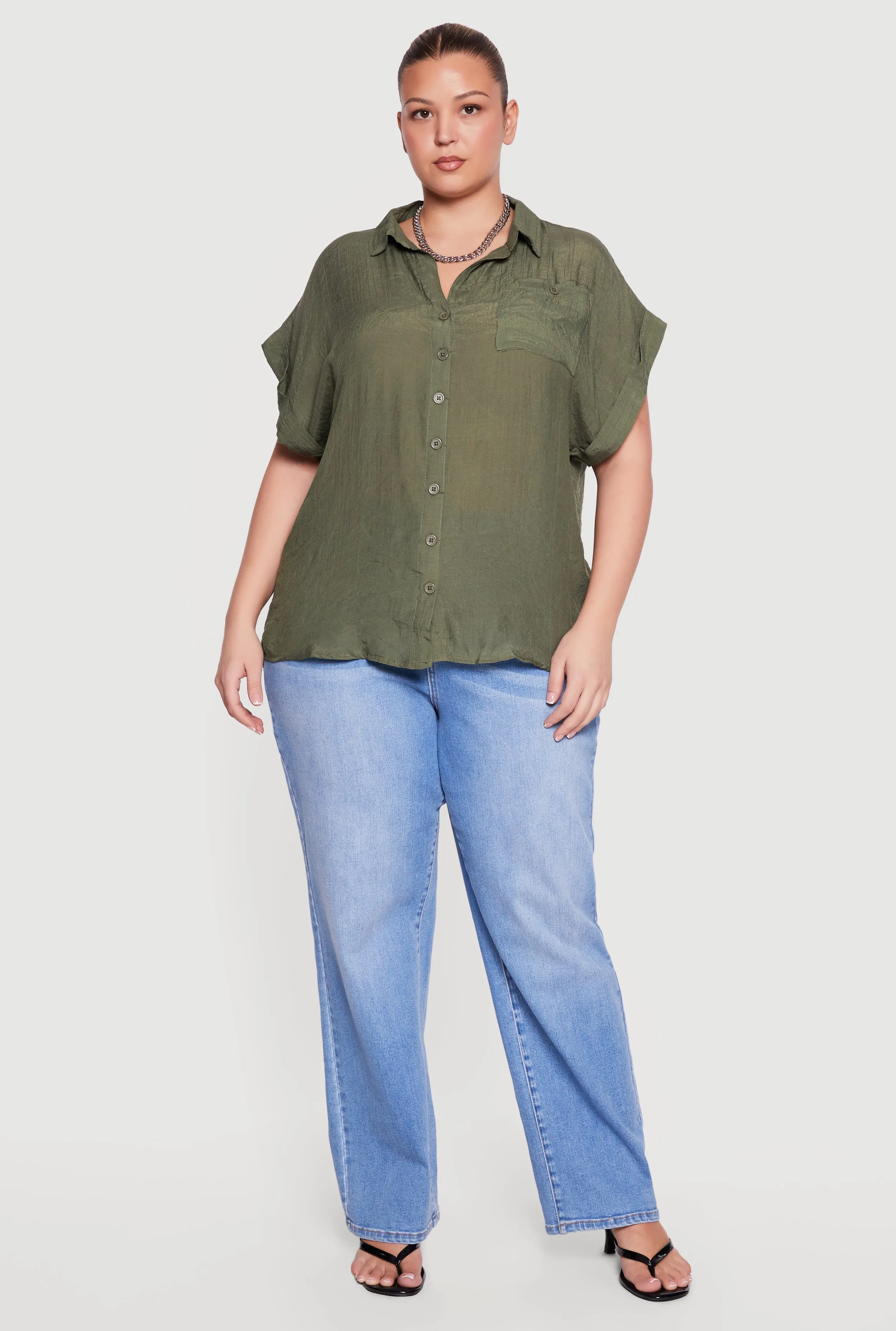 Plus Size Solid Gauze Knit Short Sleeve Button Front Shirt sold by Rainbow