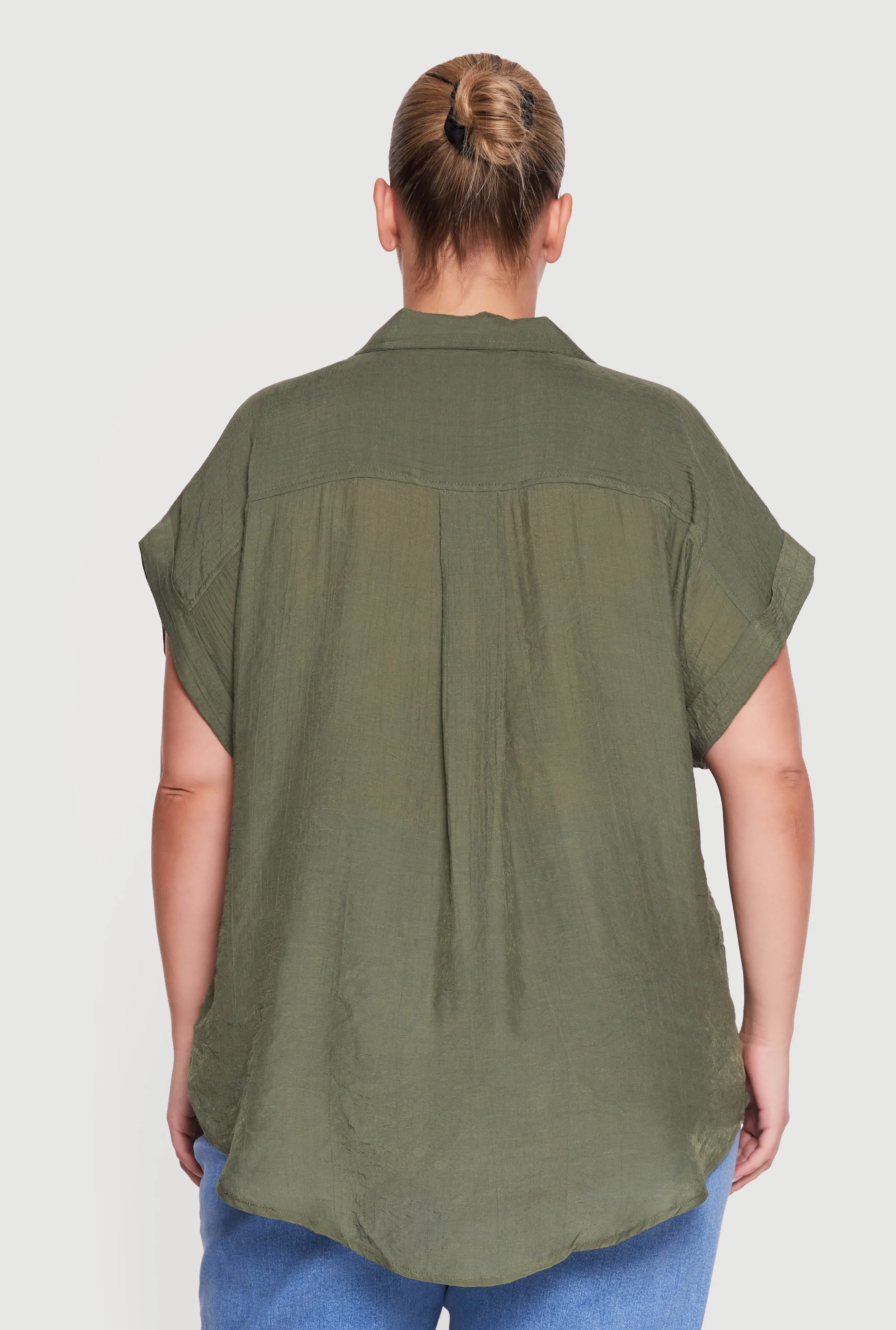 Plus Size Solid Gauze Knit Short Sleeve Button Front Shirt sold by Rainbow product image thumbnail 5