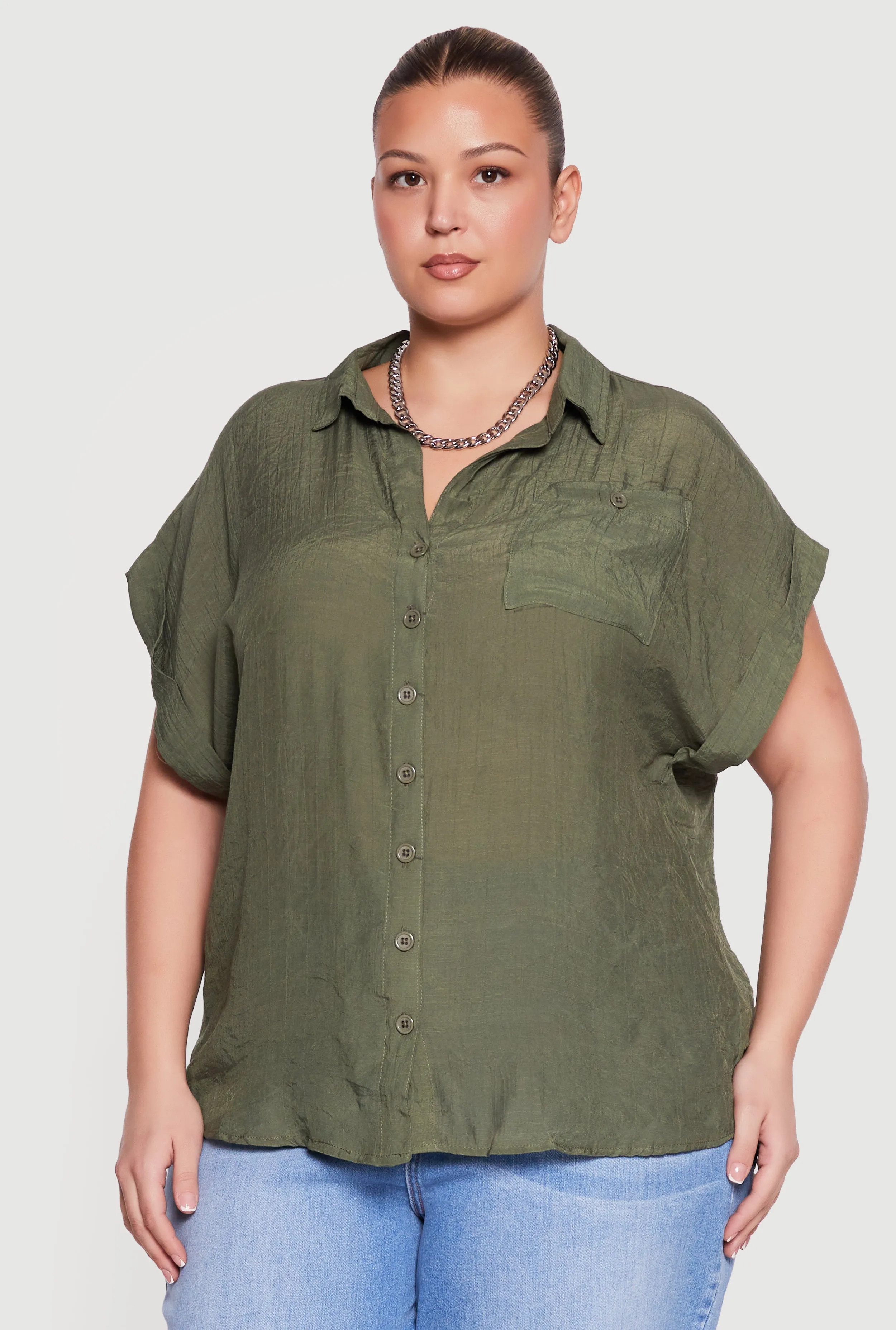 Plus Size Solid Gauze Knit Short Sleeve Button Front Shirt sold by Rainbow product image thumbnail 2