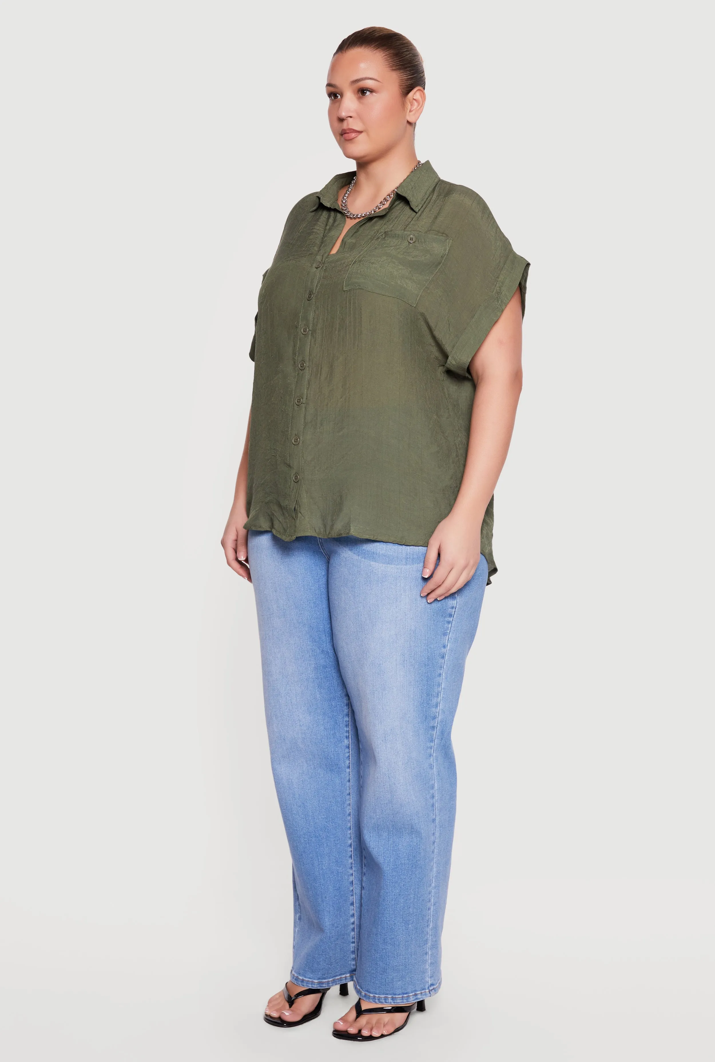 Plus Size Solid Gauze Knit Short Sleeve Button Front Shirt sold by Rainbow product image thumbnail 3