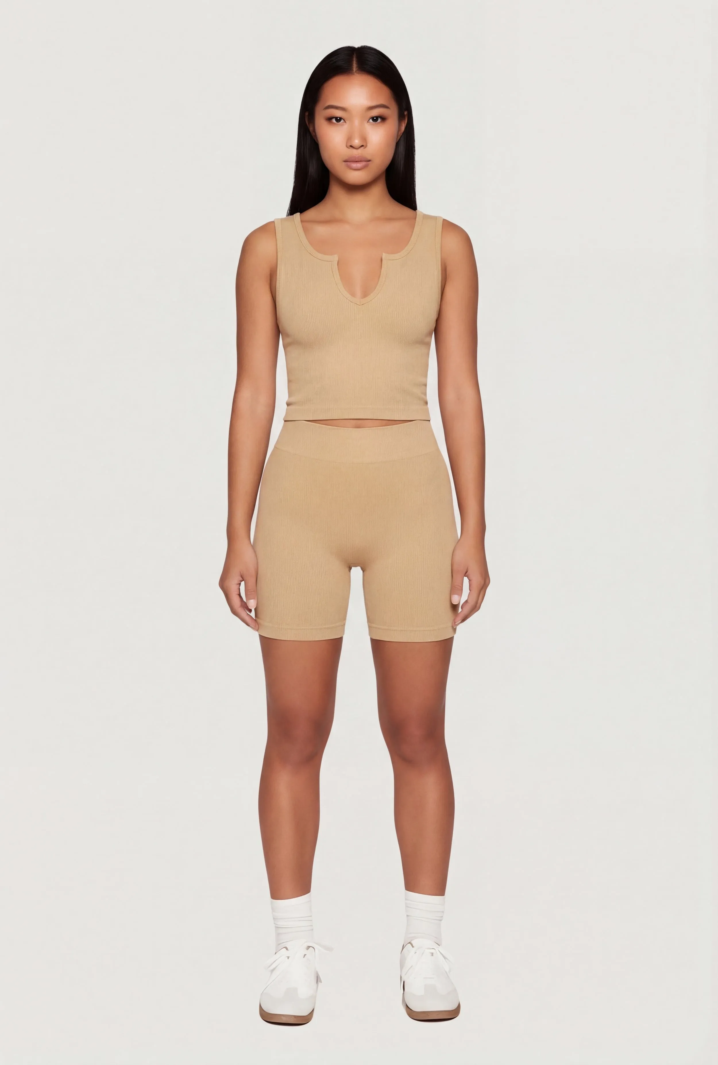 Ribbed Notch Neck Cropped Tank Top and Bike Shorts Set sold by Rainbow product image thumbnail 4