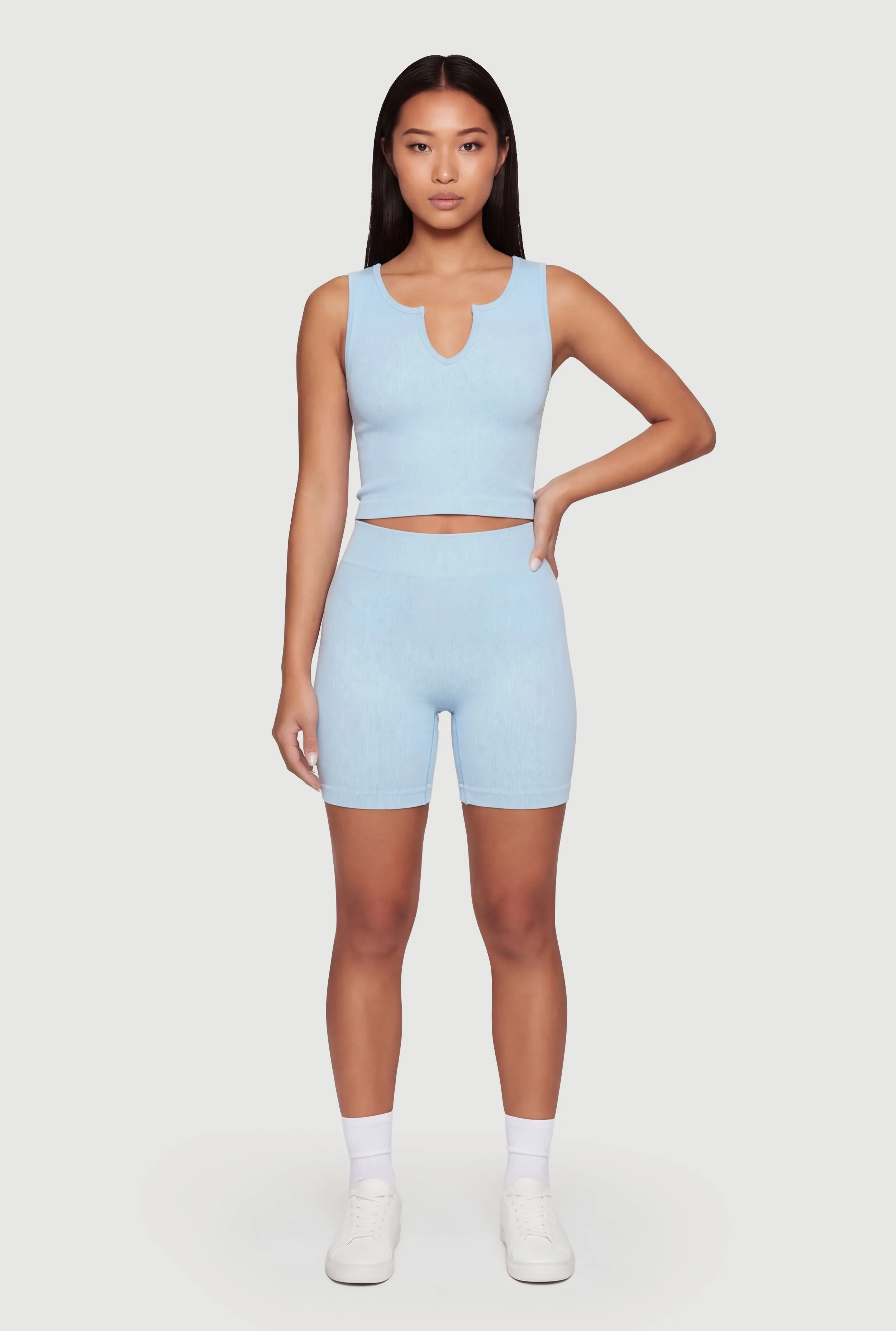 Ribbed Notch Neck Cropped Tank Top and Bike Shorts Set sold by Rainbow product image thumbnail 3