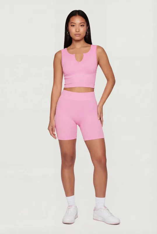 Ribbed Notch Neck Cropped Tank Top and Bike Shorts Set sold by Rainbow