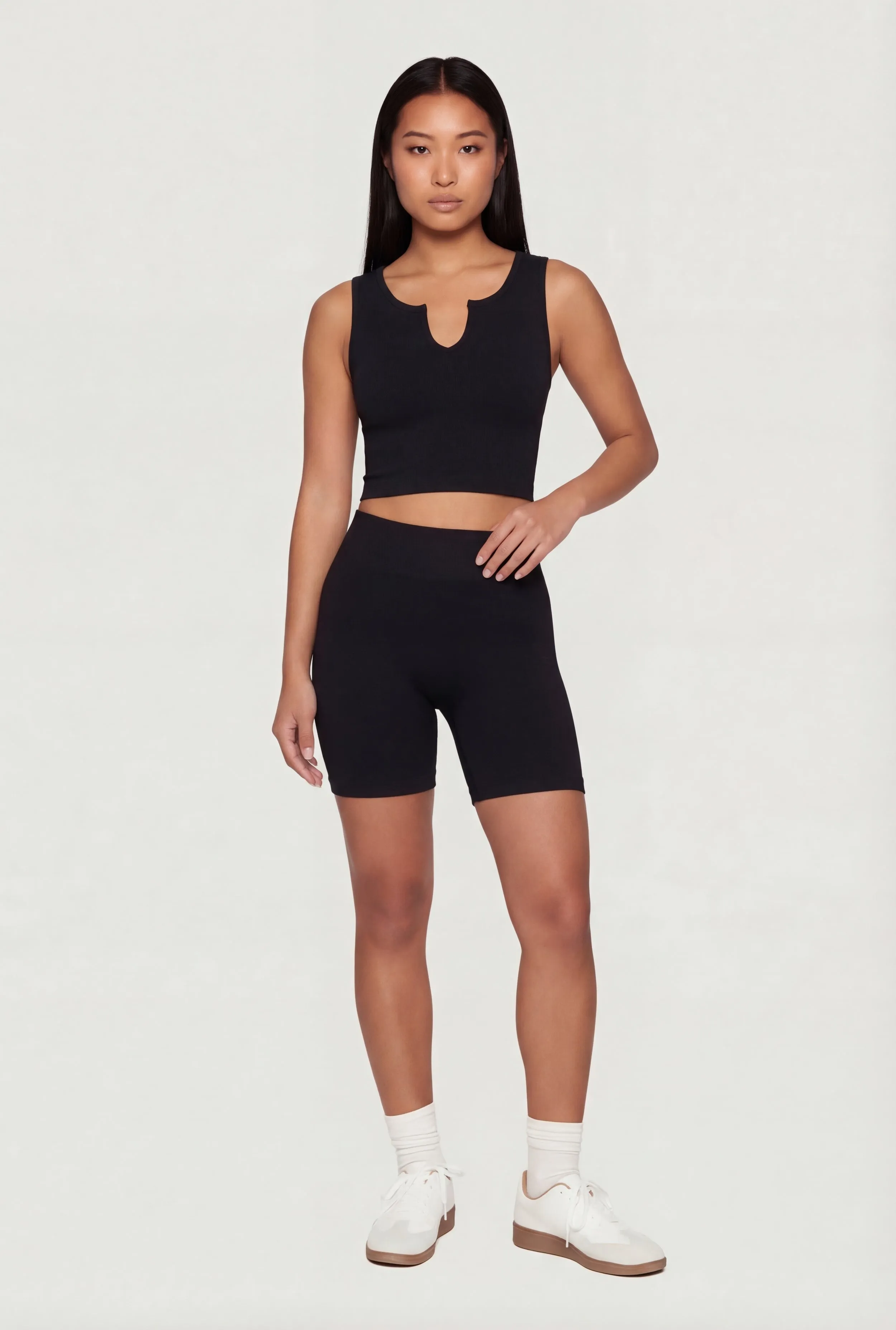Ribbed Notch Neck Cropped Tank Top and Bike Shorts Set sold by Rainbow product image thumbnail 2