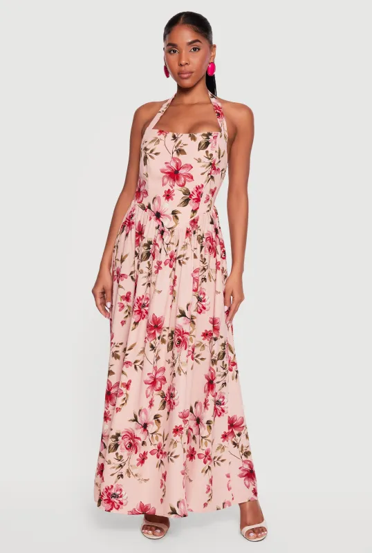 Floral Print Smocked Back Halter Maxi Dress made by Rainbow
