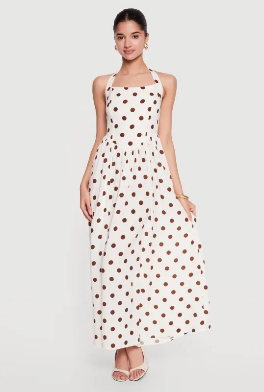 Polka Dot Smocked Back Halter Maxi Dress sold by Rainbow