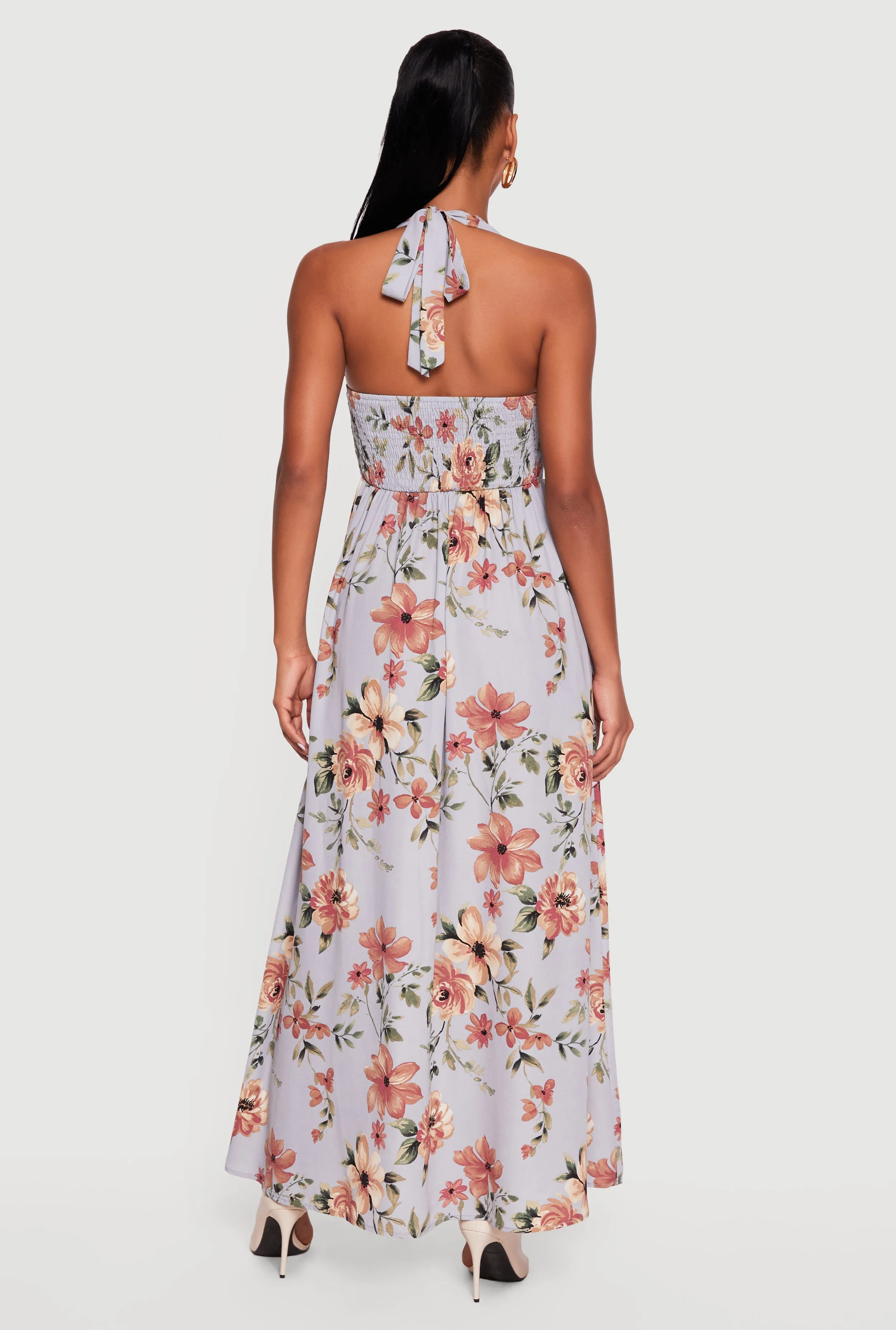 Floral Print Smocked Back Halter Maxi Dress sold by Rainbow product image thumbnail 3