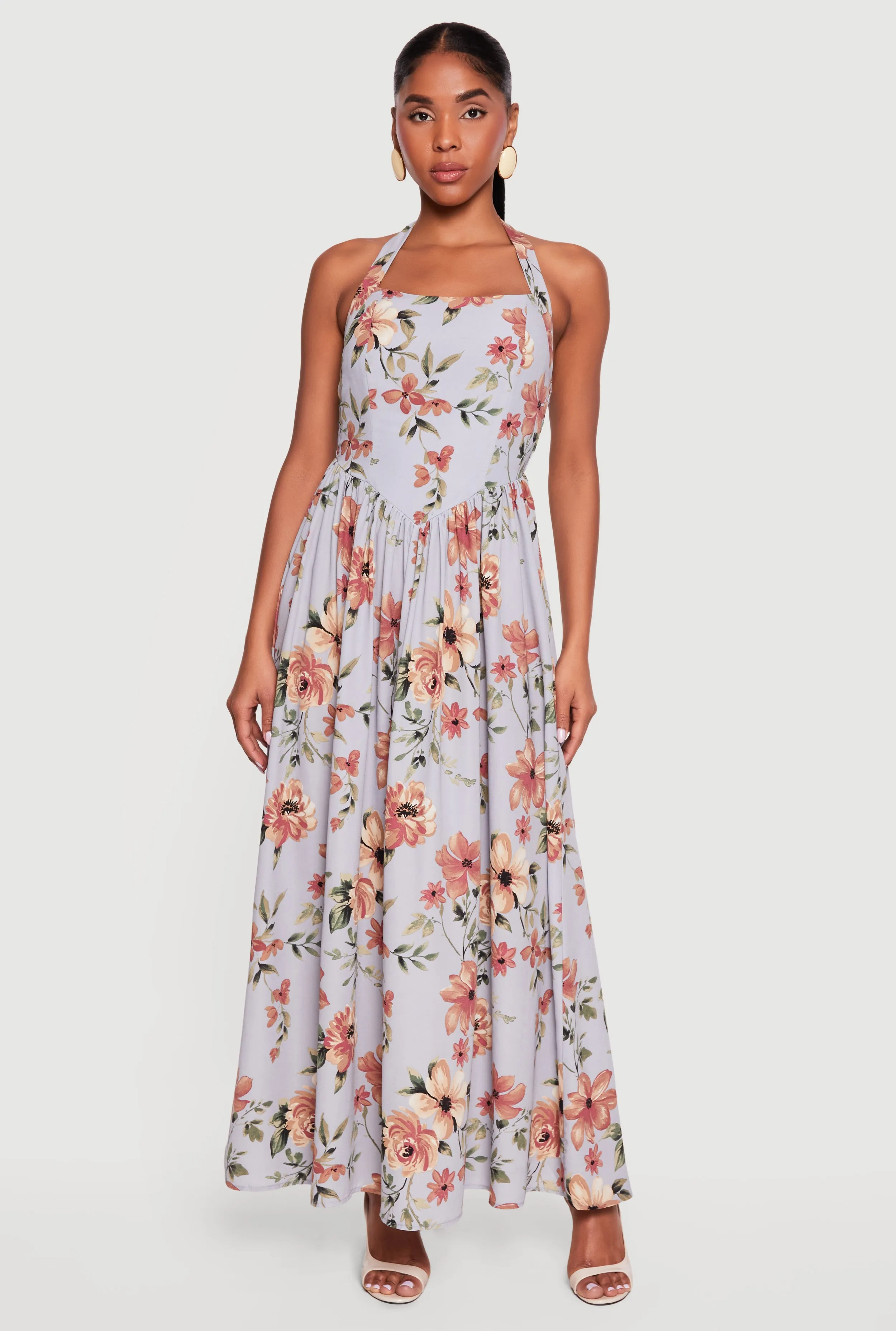 Floral Print Smocked Back Halter Maxi Dress sold by Rainbow