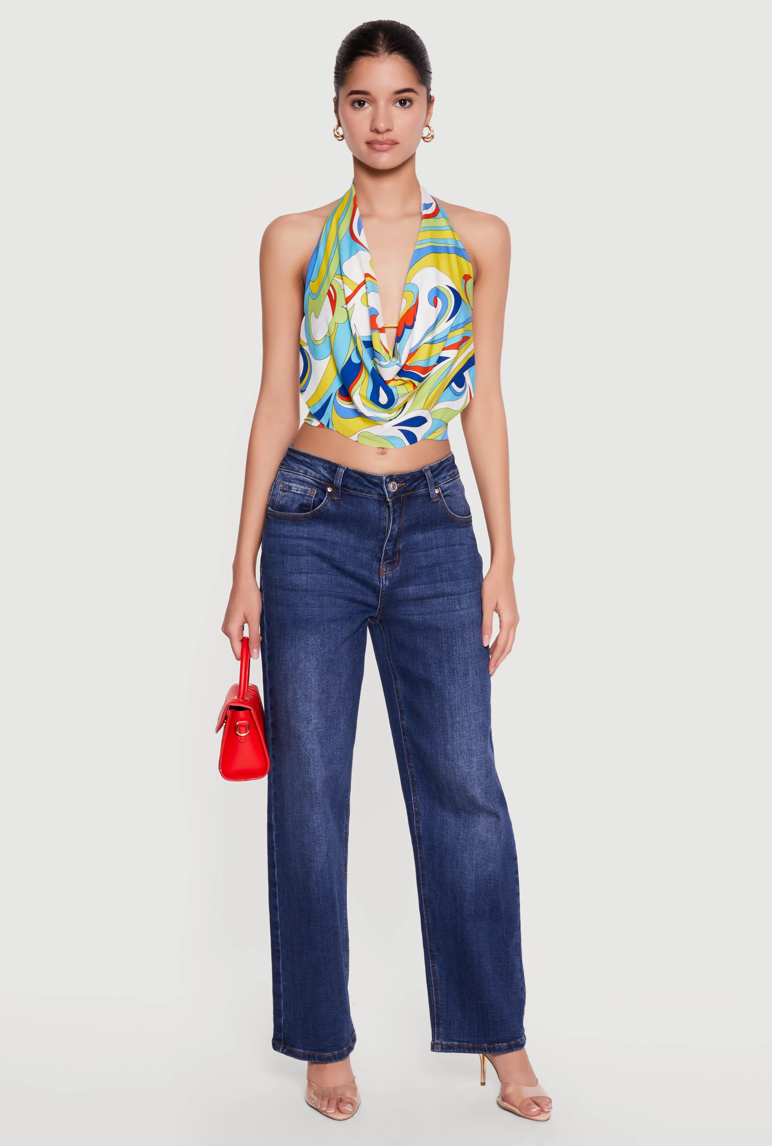 Abstract Print Cowl Neck Cropped Halter Top sold by Rainbow