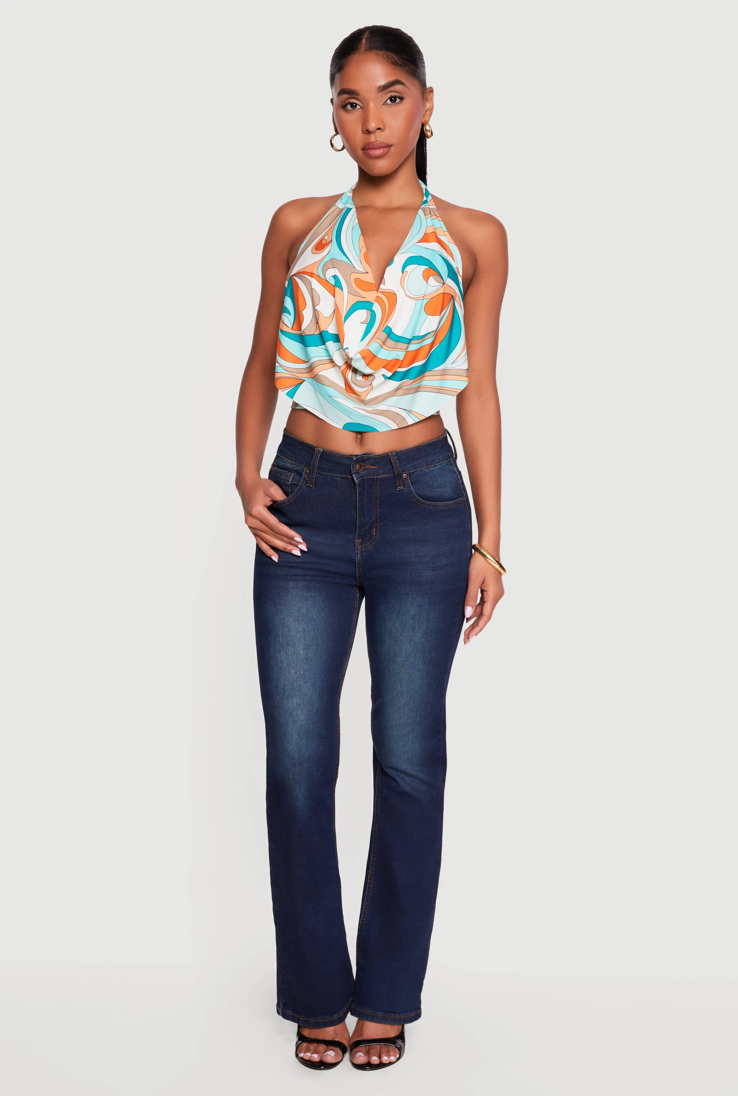 Abstract Print Cowl Neck Cropped Halter Top sold by Rainbow