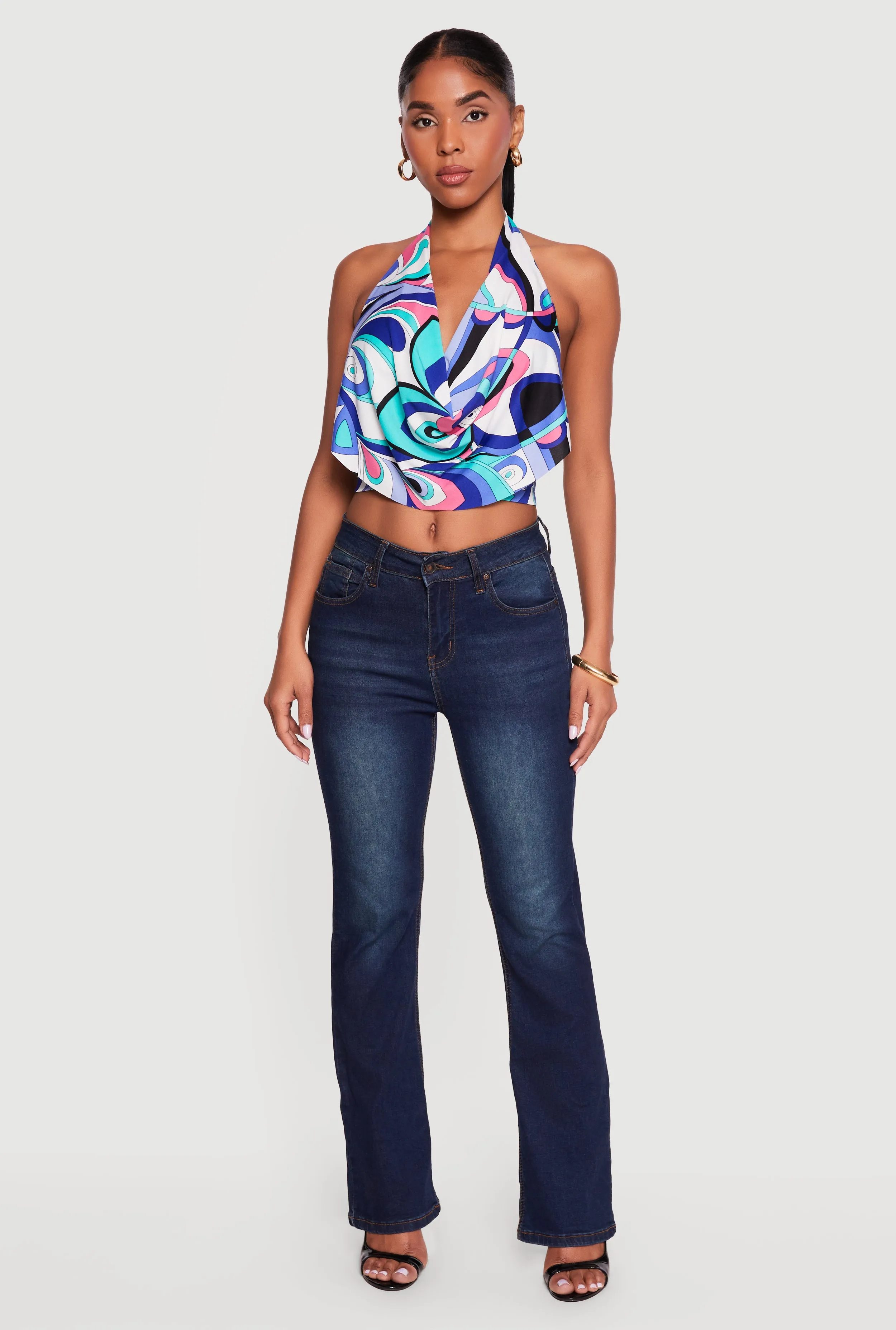 Abstract Print Cowl Neck Cropped Halter Top sold by Rainbow