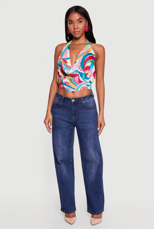 Abstract Print Cowl Neck Cropped Halter Top made by Rainbow