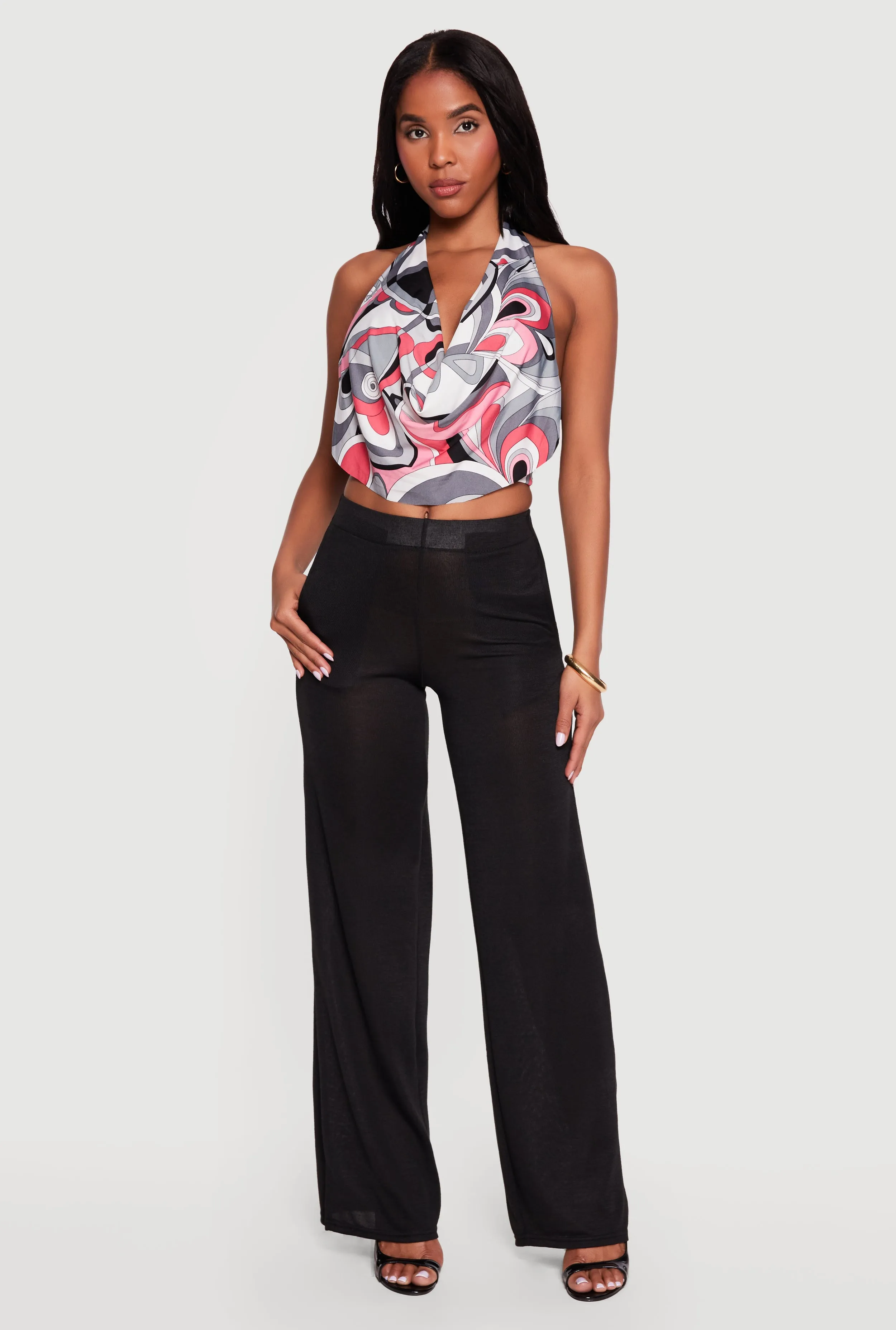 Abstract Print Cowl Neck Cropped Halter Top sold by Rainbow