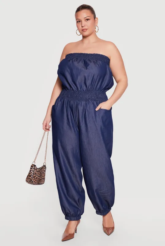 Plus Size Denim Smocked Tube Jumpsuit made by Rainbow