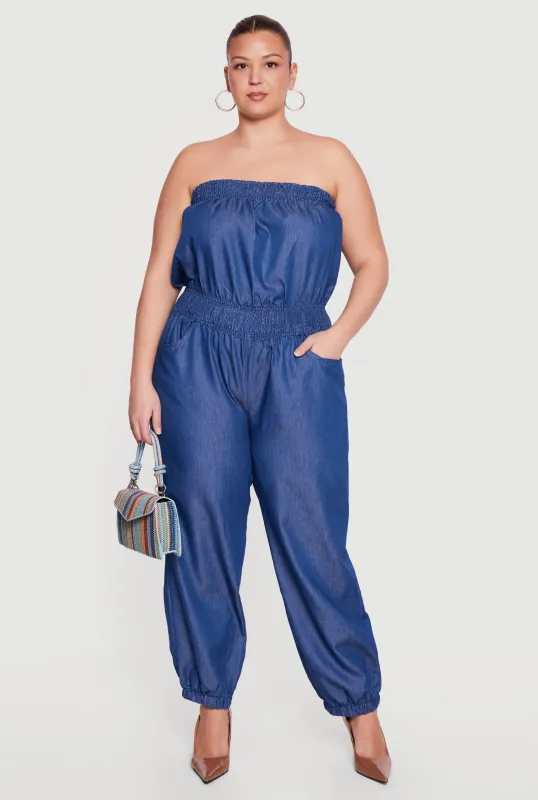 Plus Size Denim Smocked Tube Jumpsuit sold by Rainbow