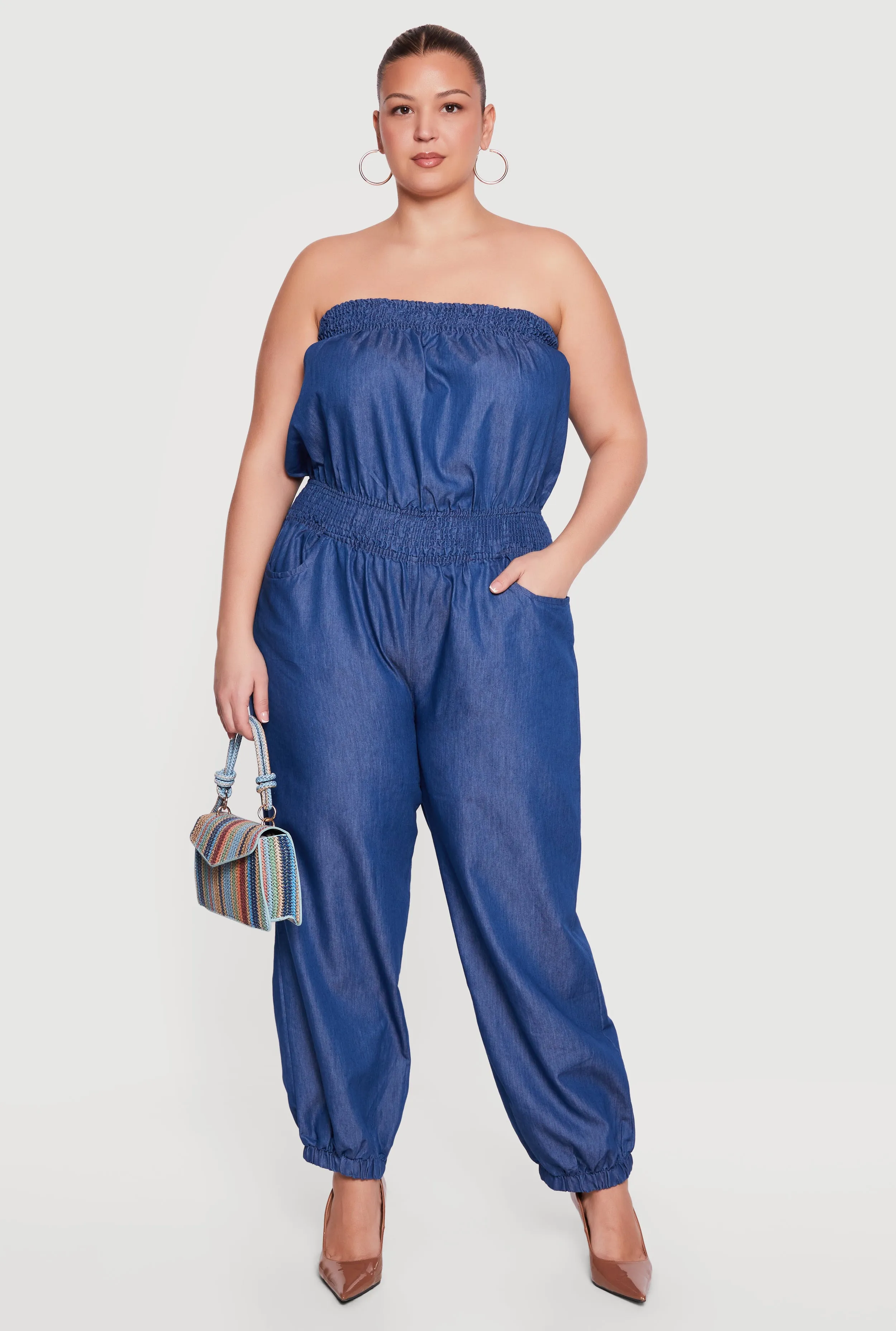 Plus Size Denim Smocked Tube Jumpsuit sold by Rainbow