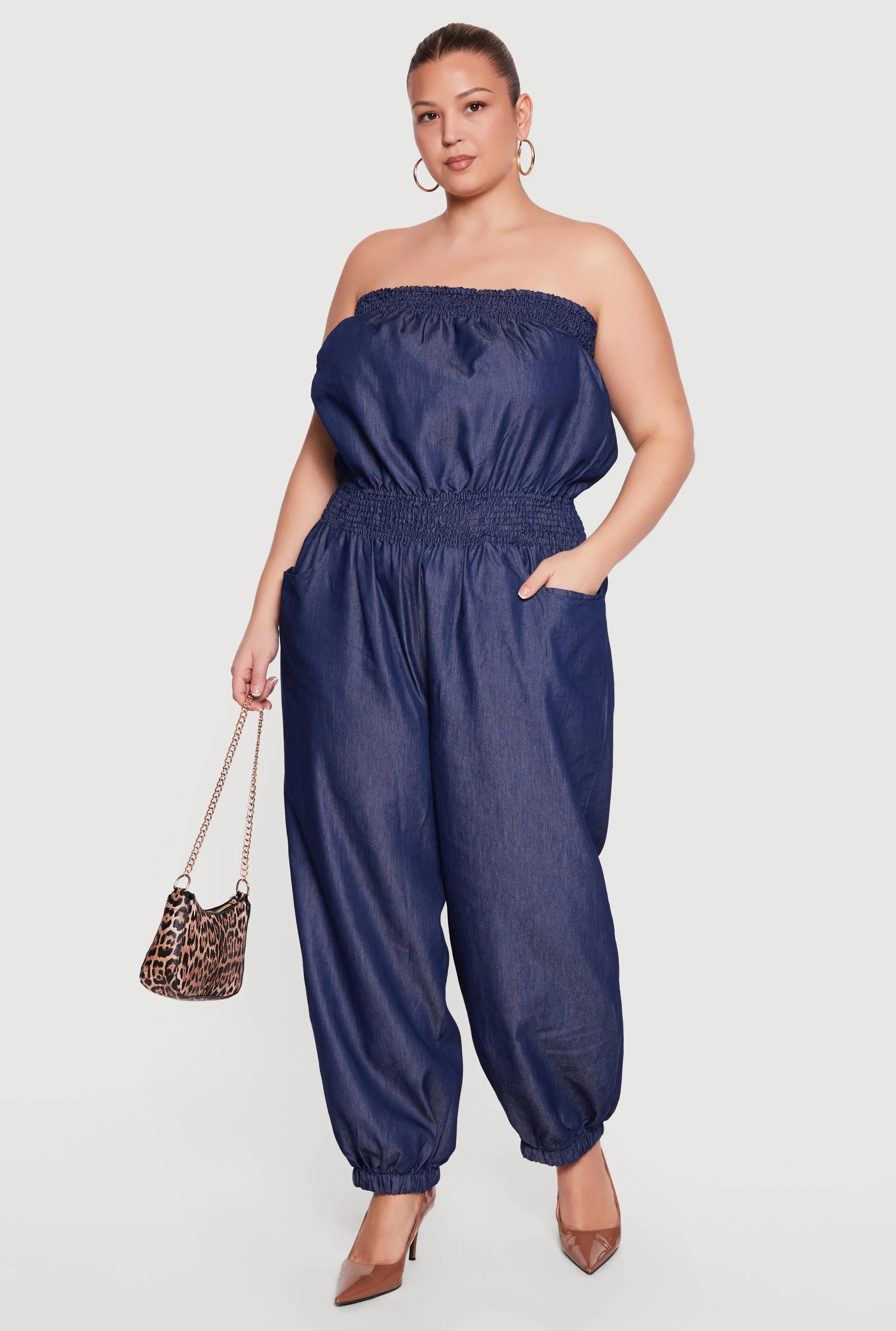 Plus Size Denim Smocked Tube Jumpsuit sold by Rainbow