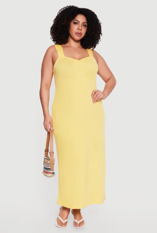 Plus Size Rib Knit Ruched Front Maxi Dress made by Rainbow