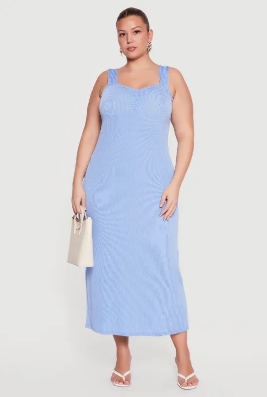 Plus Size Rib Knit Ruched Front Maxi Dress made by Rainbow