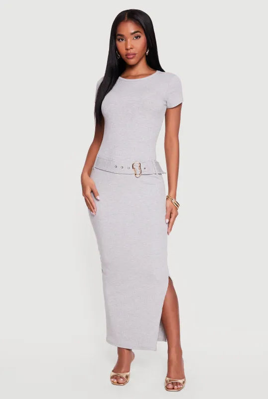 Rib Knit Belted Front Short Sleeve Maxi Dress made by Rainbow