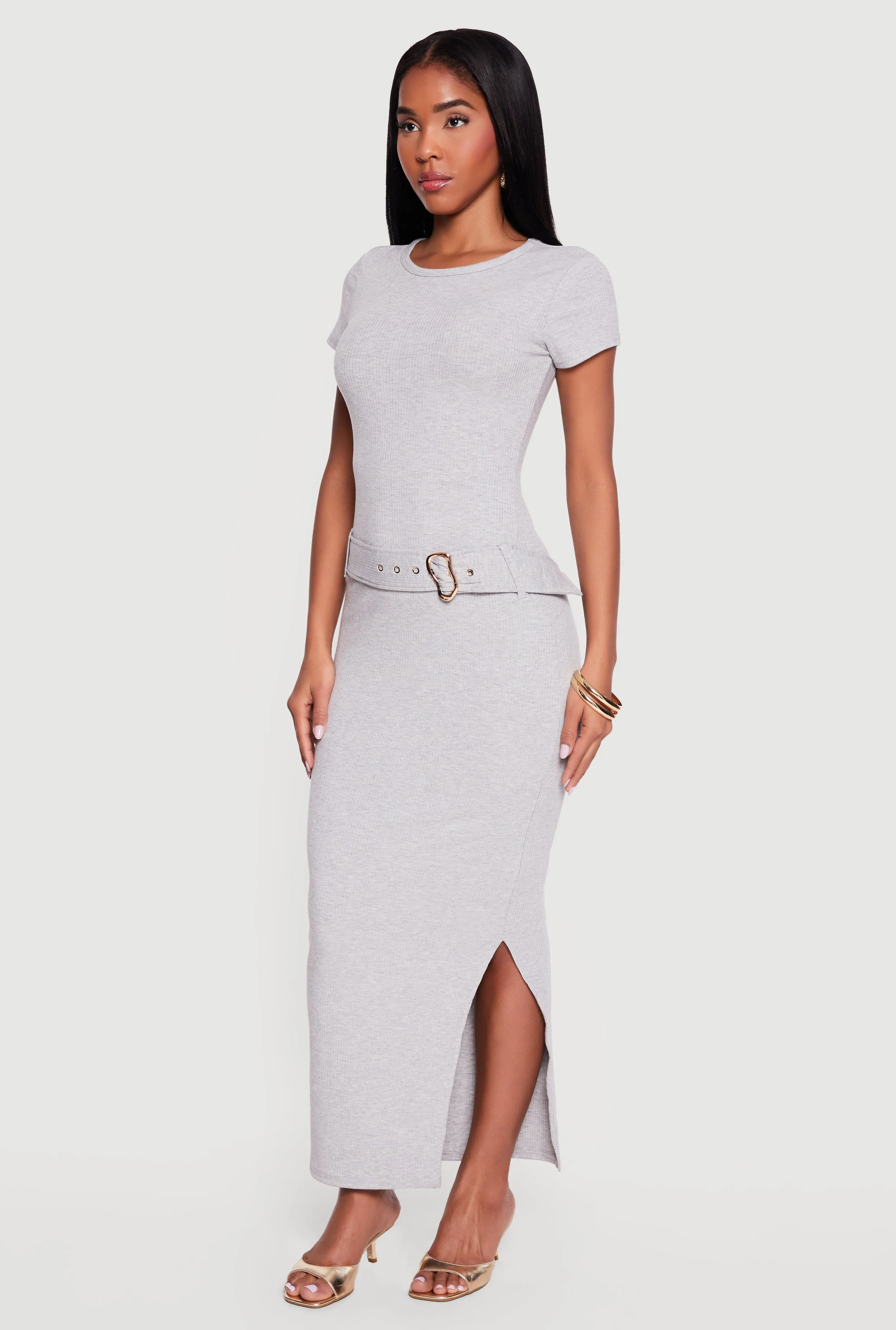 Rib Knit Belted Front Short Sleeve Maxi Dress sold by Rainbow product image thumbnail 2