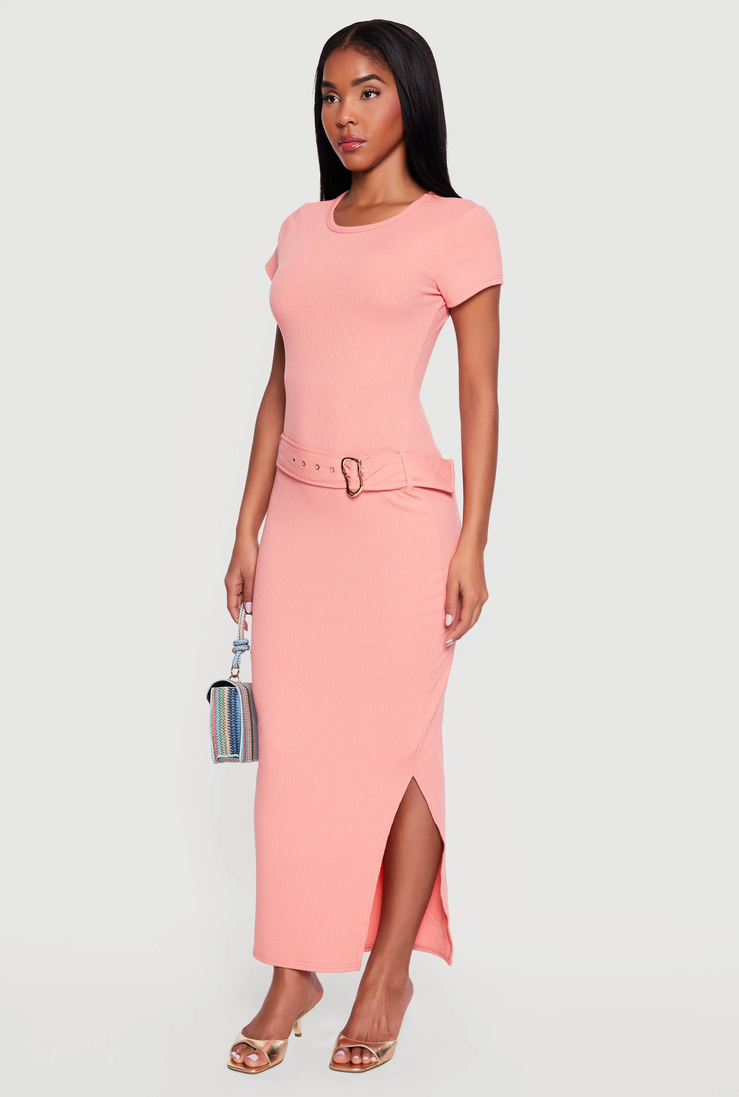 Rib Knit Belted Front Short Sleeve Maxi Dress sold by Rainbow product image thumbnail 2