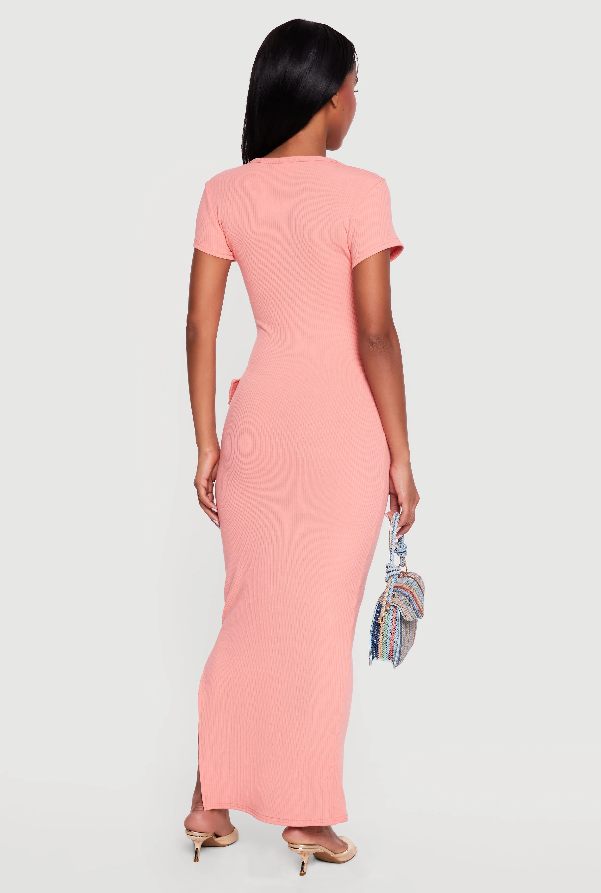 Rib Knit Belted Front Short Sleeve Maxi Dress sold by Rainbow product image thumbnail 3