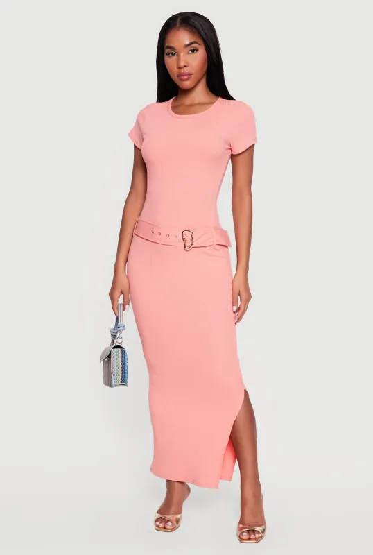 Rib Knit Belted Front Short Sleeve Maxi Dress made by Rainbow
