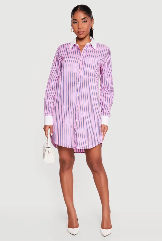 Striped Poplin Button Front Mini Shirt Dress made by Rainbow