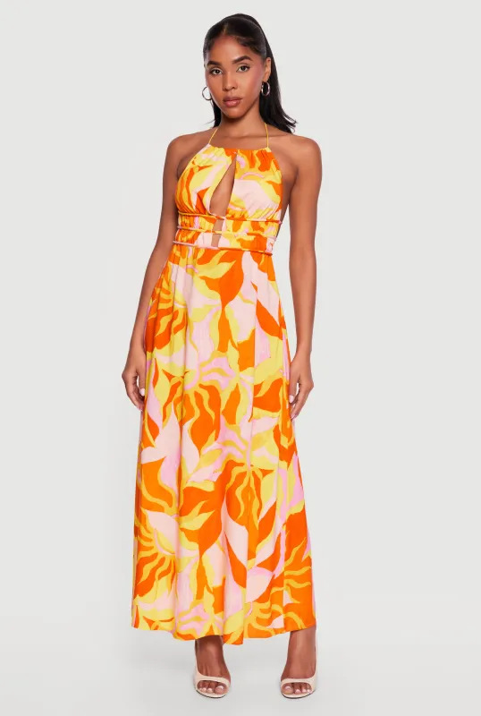Patterned Keyhole Front Halter Maxi Dress sold by Rainbow