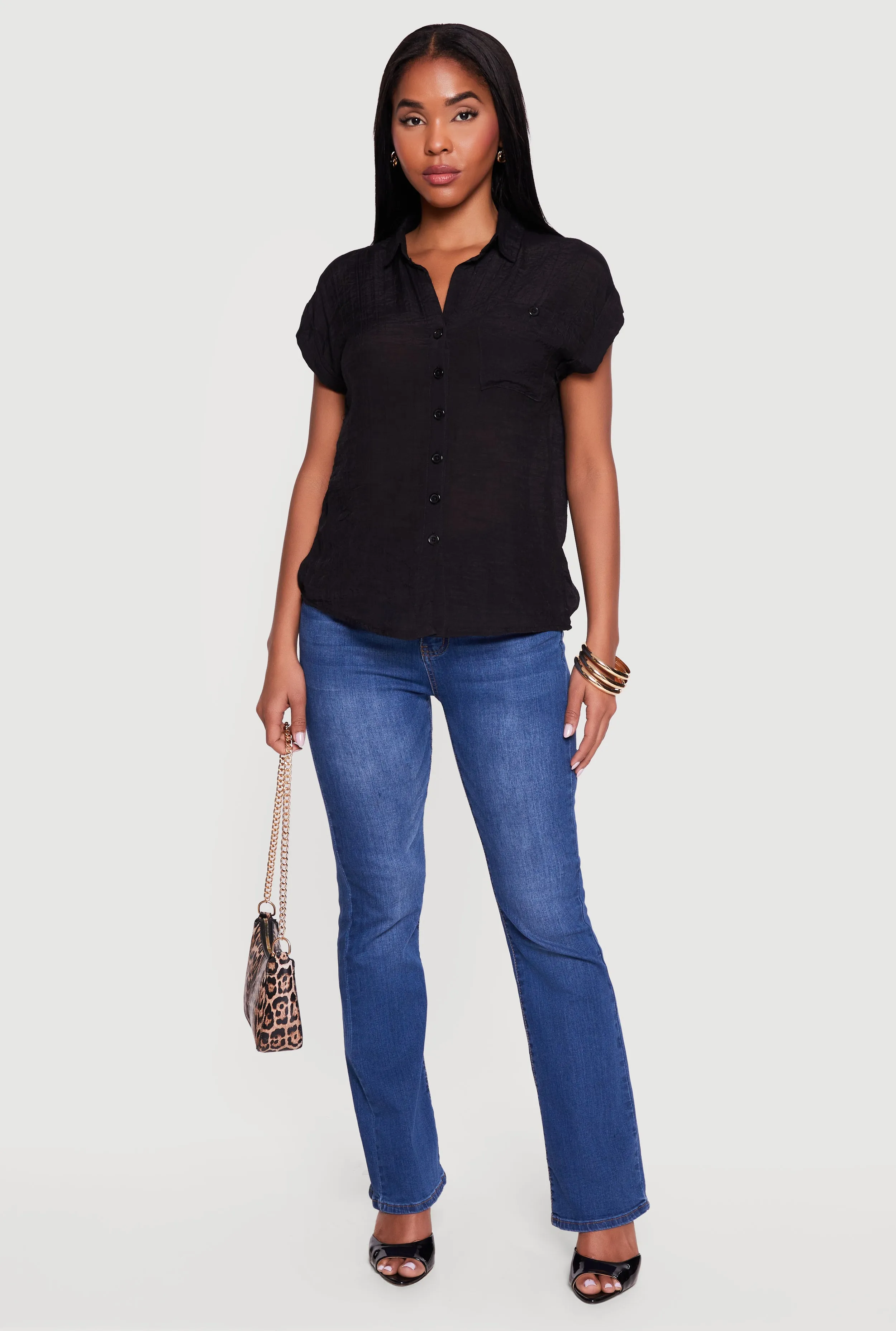 Solid Gauze Knit Short Sleeve Button Front Shirt sold by Rainbow