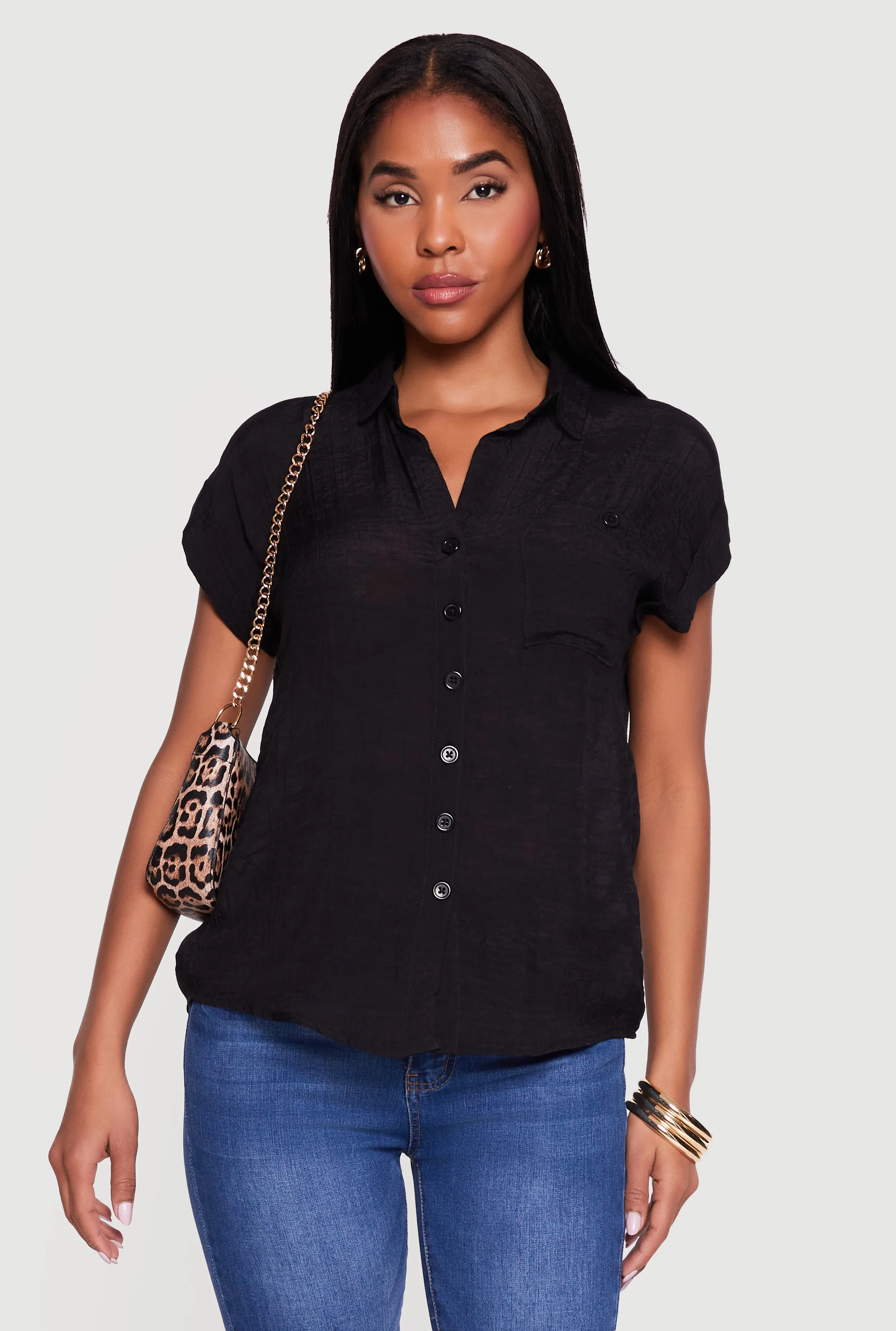 Solid Gauze Knit Short Sleeve Button Front Shirt sold by Rainbow product image thumbnail 2