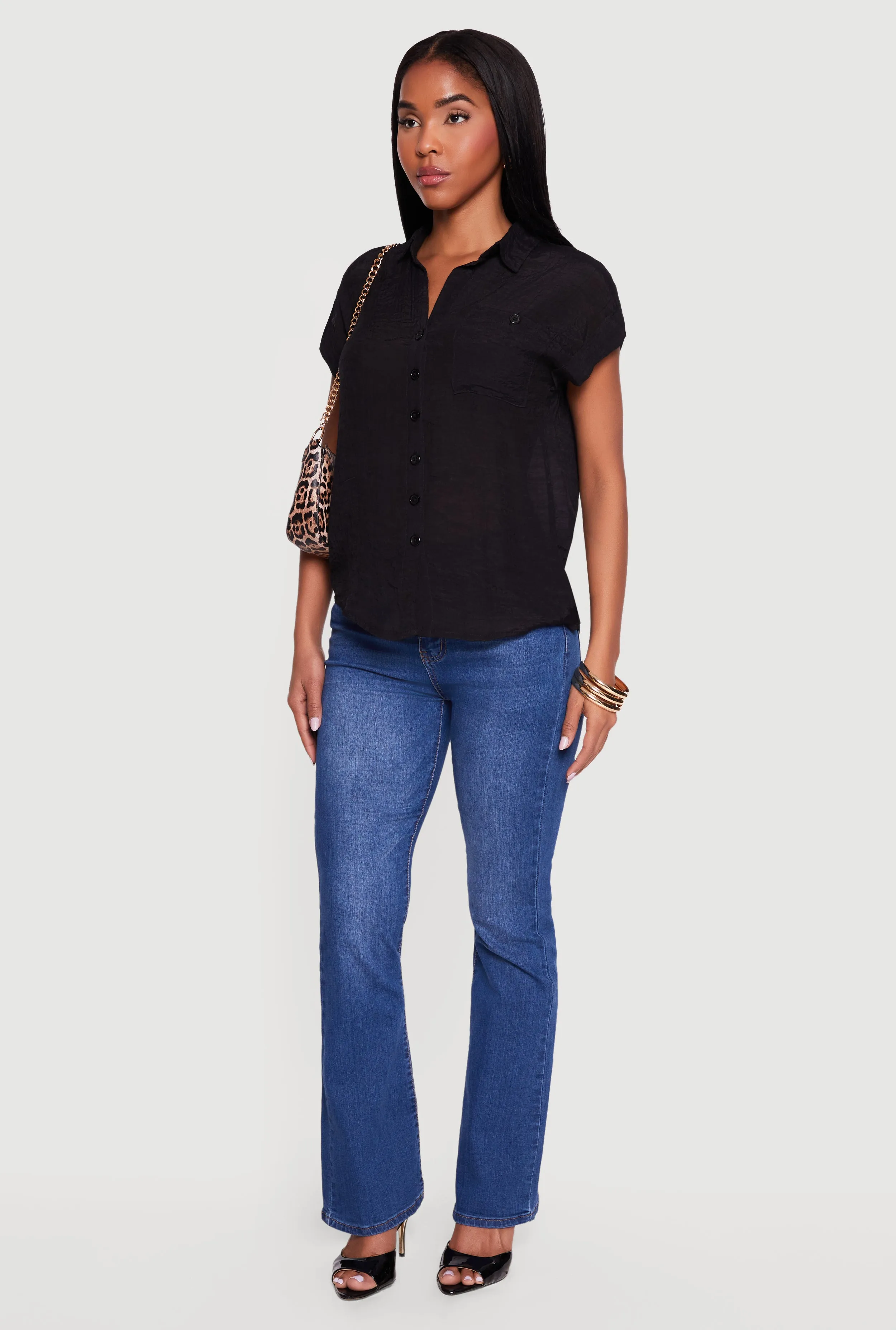 Solid Gauze Knit Short Sleeve Button Front Shirt sold by Rainbow product image thumbnail 3