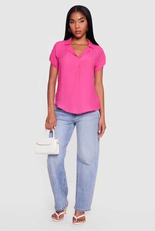 Solid Gauze Knit Collared Short Sleeve Top made by Rainbow