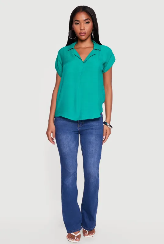 Solid Gauze Knit Collared Short Sleeve Top made by Rainbow