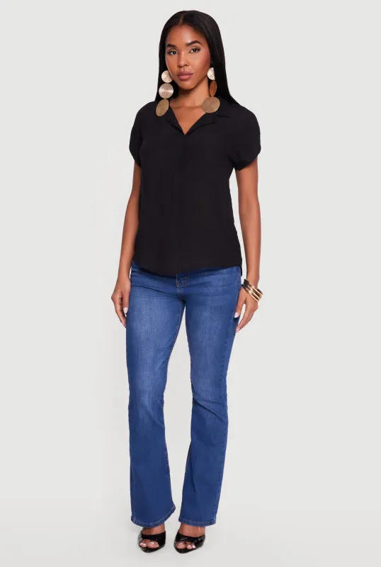 Solid Gauze Knit Collared Short Sleeve Top made by Rainbow