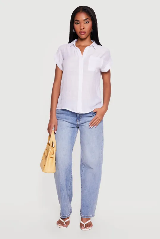 Solid Gauze Knit Short Sleeve Button Front Shirt made by Rainbow